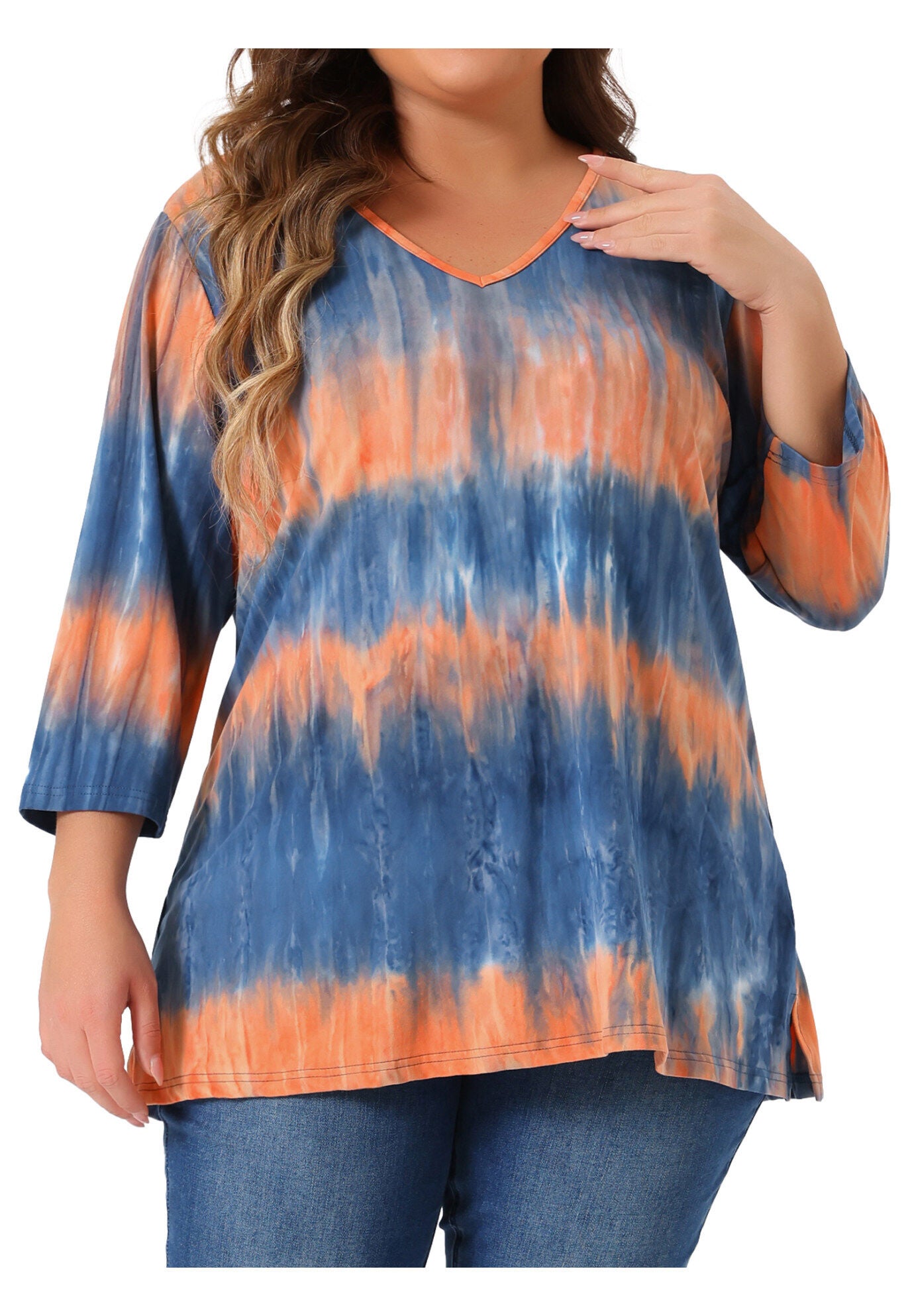 V Neck 3/4 Sleeve Loose Casual Striped Tie Dye Print T-Shirt Top, Blue Orange / Coral, alternate image number 2