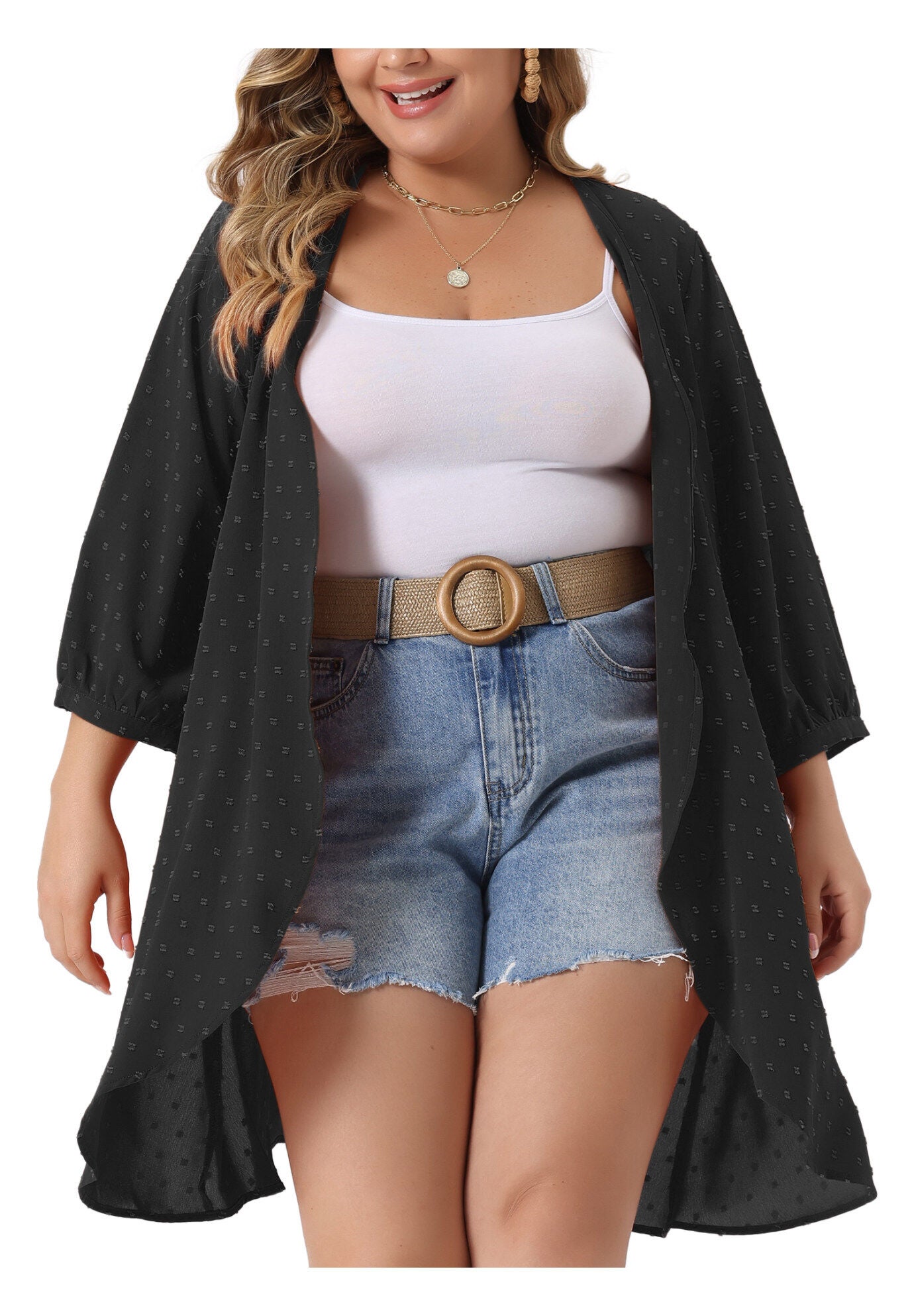 OPEN FRONT 3/4 SLEEVE SWISS DOTS LIGHTWEIGHT COVER UP CARDIGAN, Black / Black, alternate image number 2