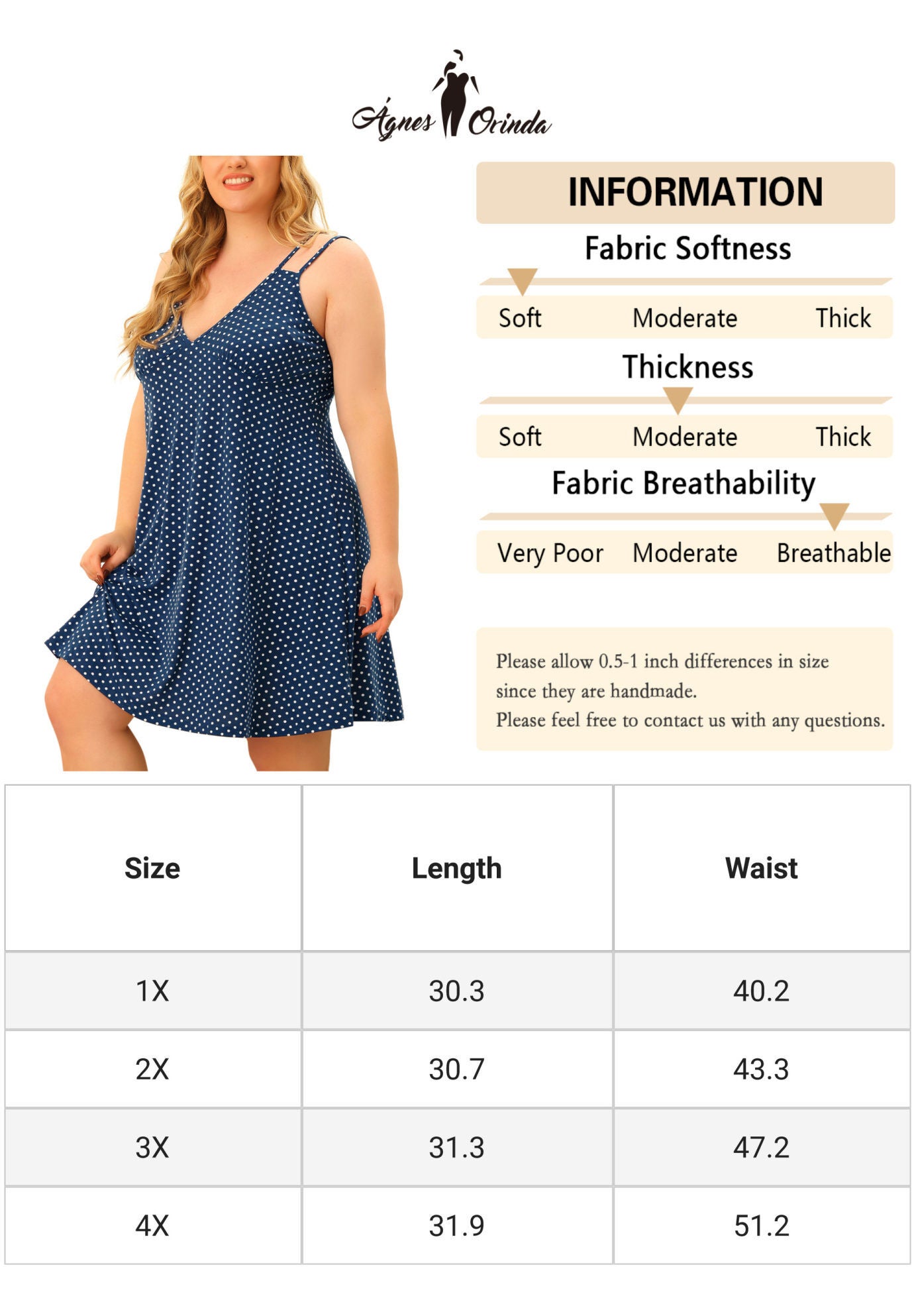 CAMI DEEP V KNIT POLKA DOTS NIGHTGOWN LINGERIE, Dark Blue / Navy, alternate image number 4