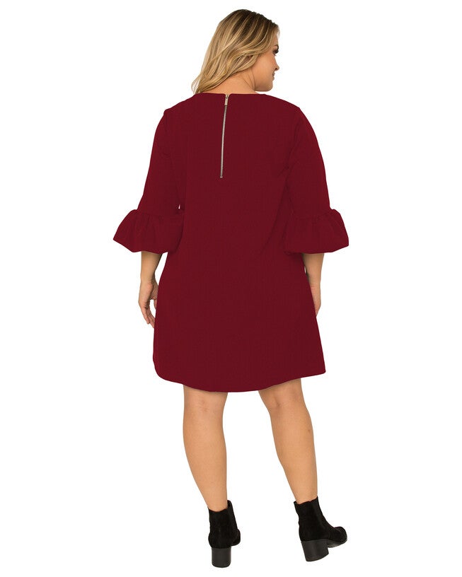 Plus Size Women's Crepe Knit 3/4 Balloon Sleeves Midi Shift Dress, Brick / Red, alternate image number 1