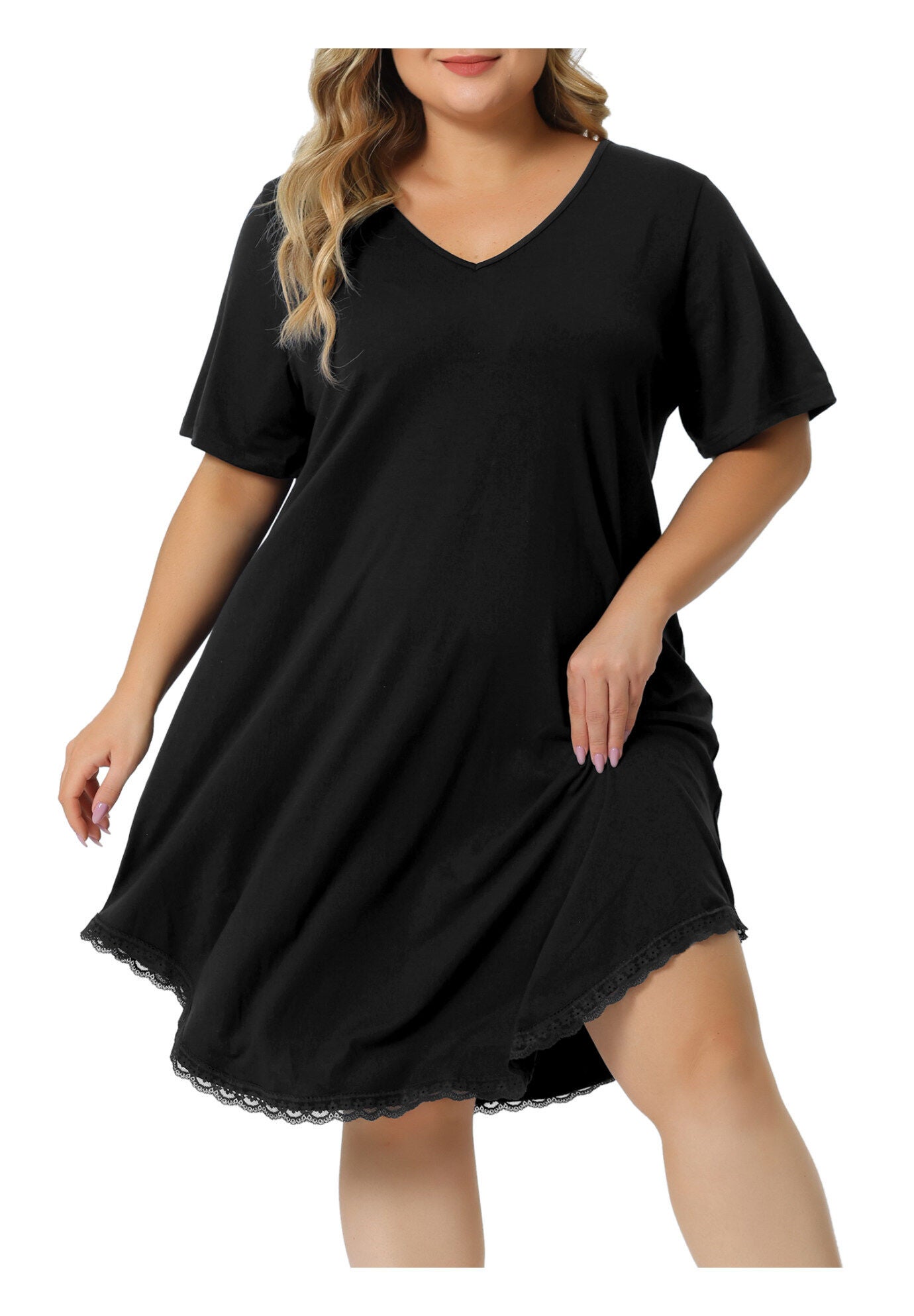 Short Sleeve V Neck Pajama Sleepdress, Black / Black, alternate image number 2