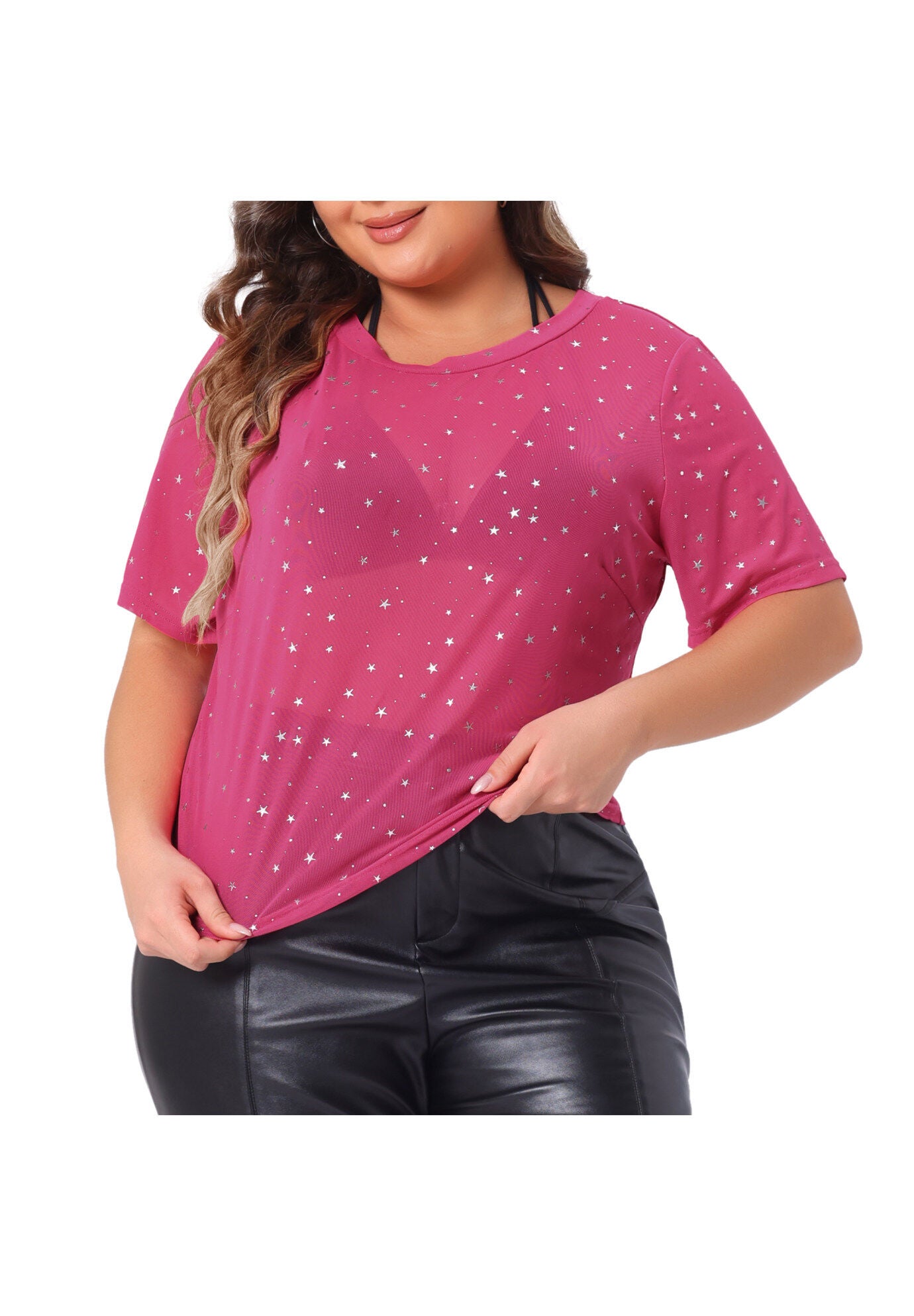 MESH TOP GLITTER SILVER STAR SHEER SEE THROUGH SHORT SLEEVE SHORT TEE, Hot Pink / Pink, alternate image number 2