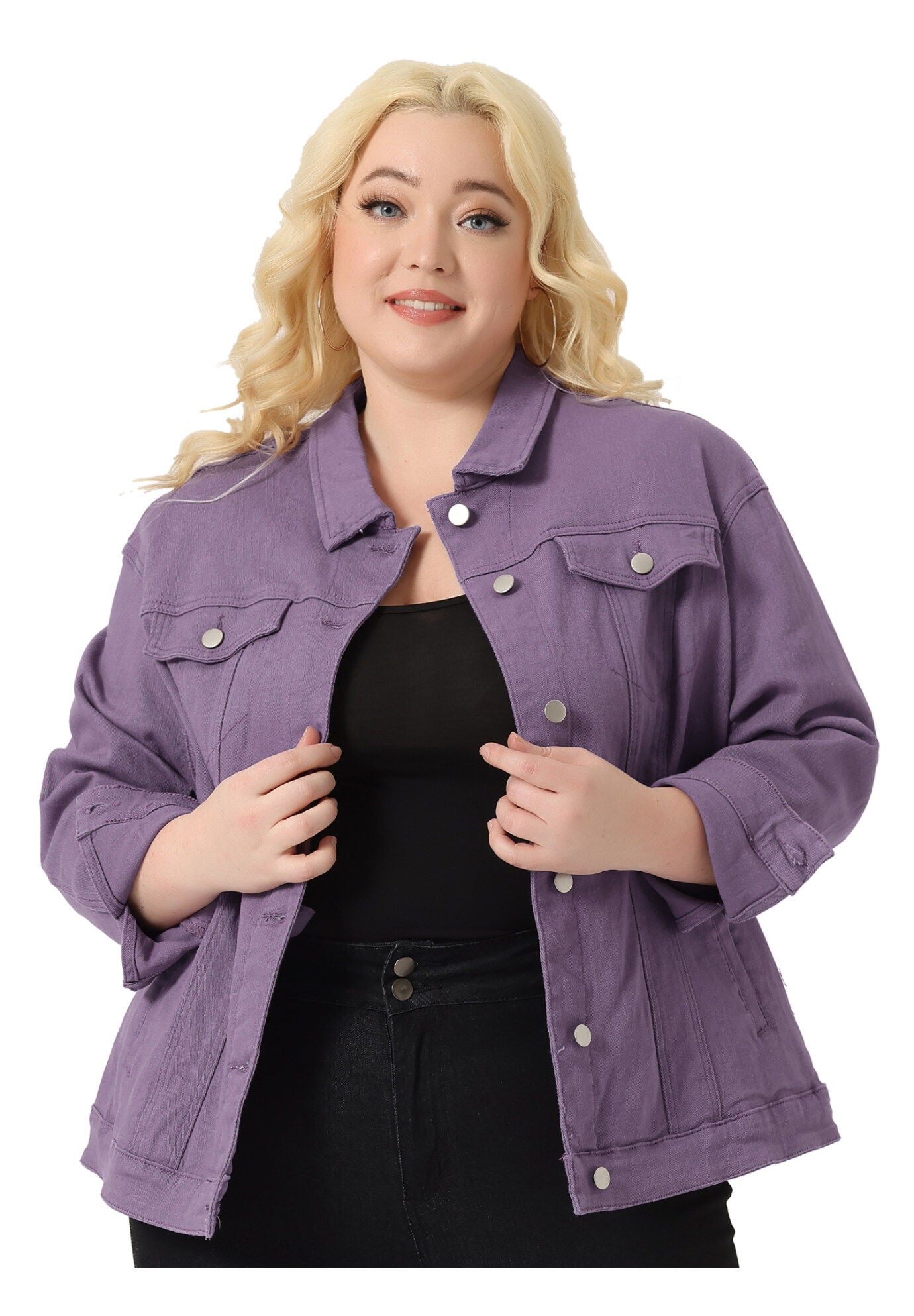 STITCHING BUTTON FRONT WASHED DENIM JACKET, Purple / Purple, alternate image number 2