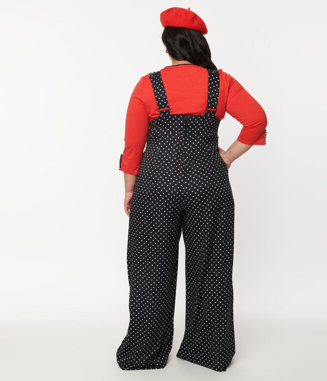 Unique Vintage Black & White Pin Dot Rochelle Suspender Pants, BlackWhite Pin Dot / Black, alternate image number 1