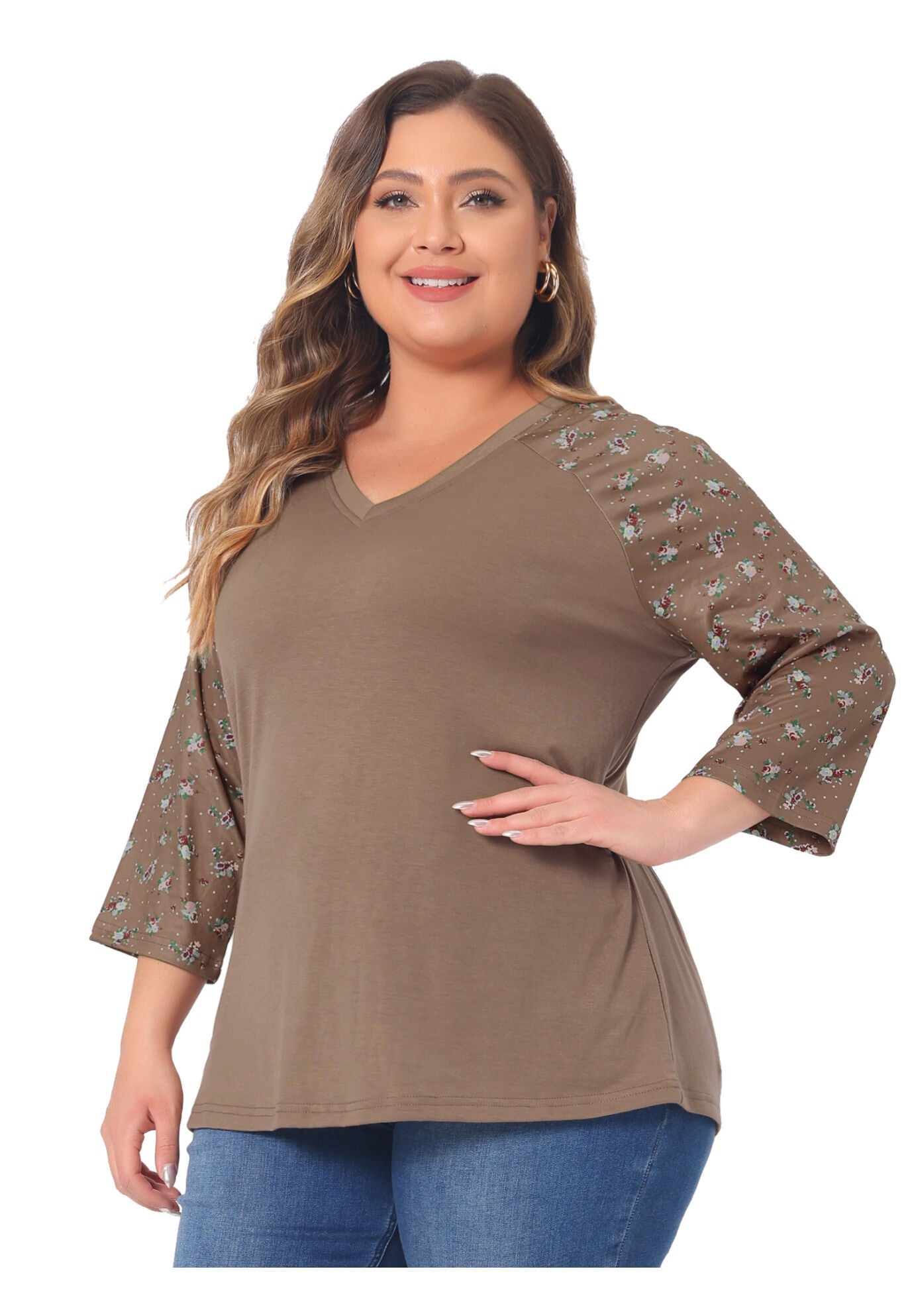 Casual V Neck 3/4 Sleeve Floral Raglan Top, Brown / Brown, alternate image number 2