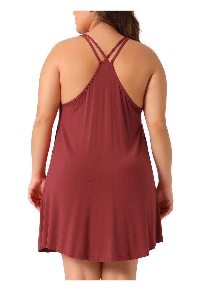 Spaghetti Strap V Neck Sleeveless Racerback Chemise Nightdress, Wine Red / Burgundy, alternate image number null