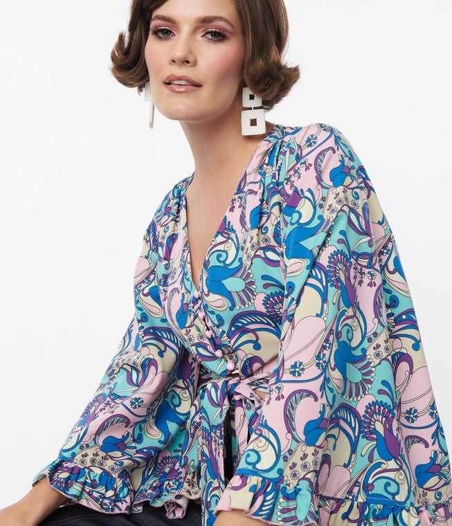Smak Parlour Blue & Purple Psychedelic Floral Belva Crop Blouse, Blue Purple Psychedelic Floral / Navy, alternate image number null