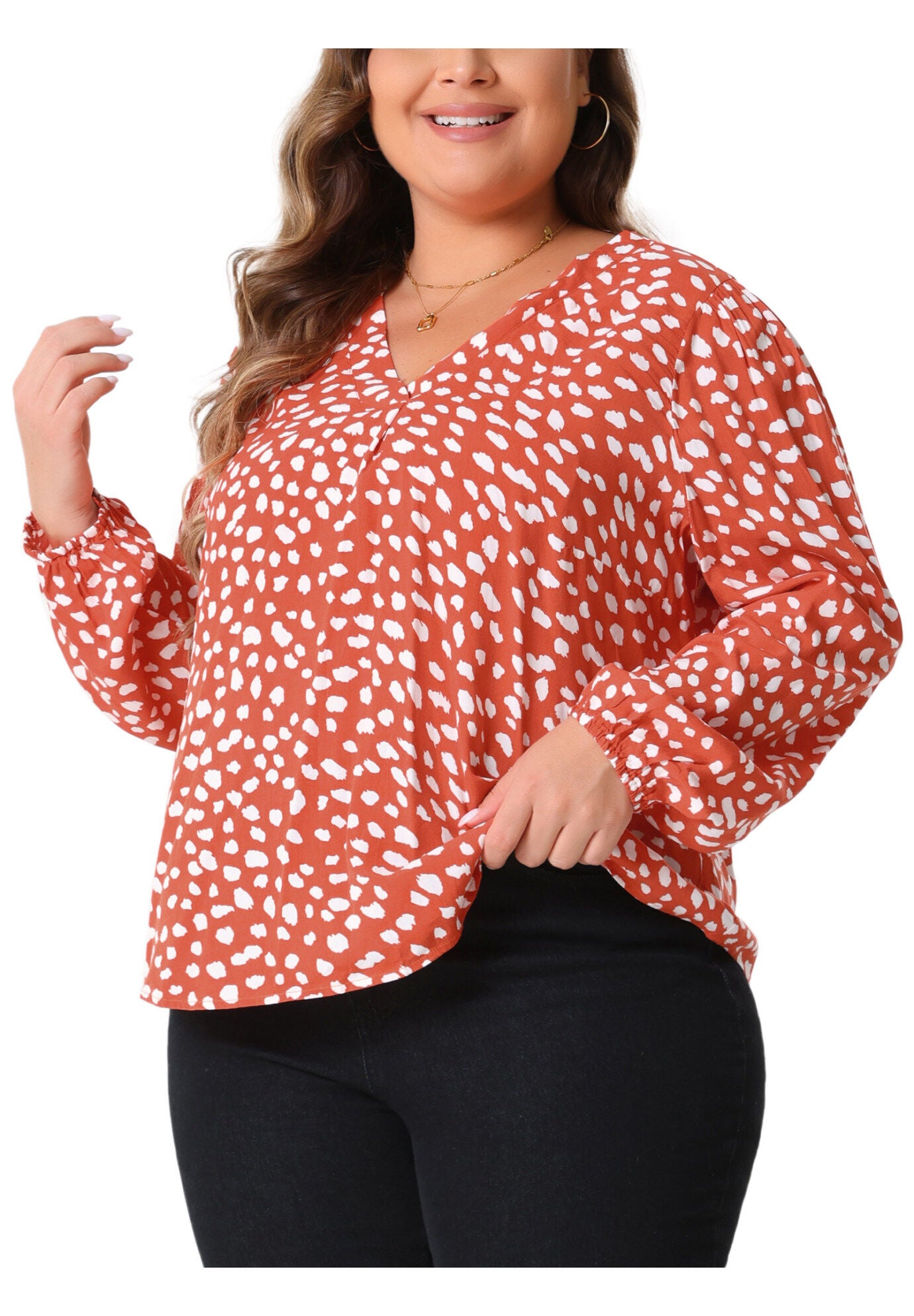 Polka Dot V Neck Long Sleeve Blouse Shirt, Orange / Orange, alternate image number 1