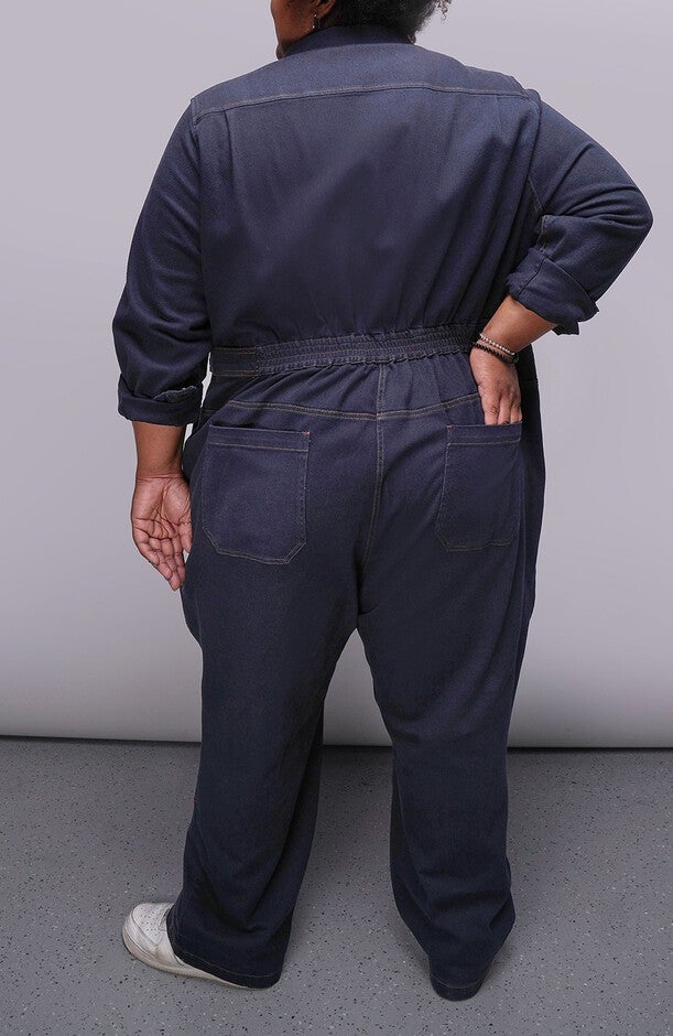 The Essential Denim Long Sleeve High Waisted Coverall, NAVY / Medium Wash, alternate image number 2