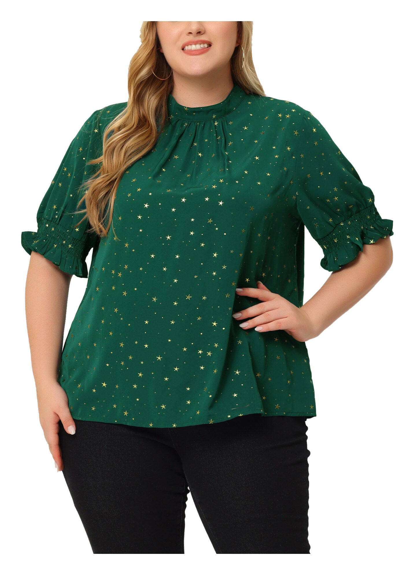 Pleated Mock Neck Star Print Puff Sleeve Blouse Top, Green / Forest Green, alternate image number 2