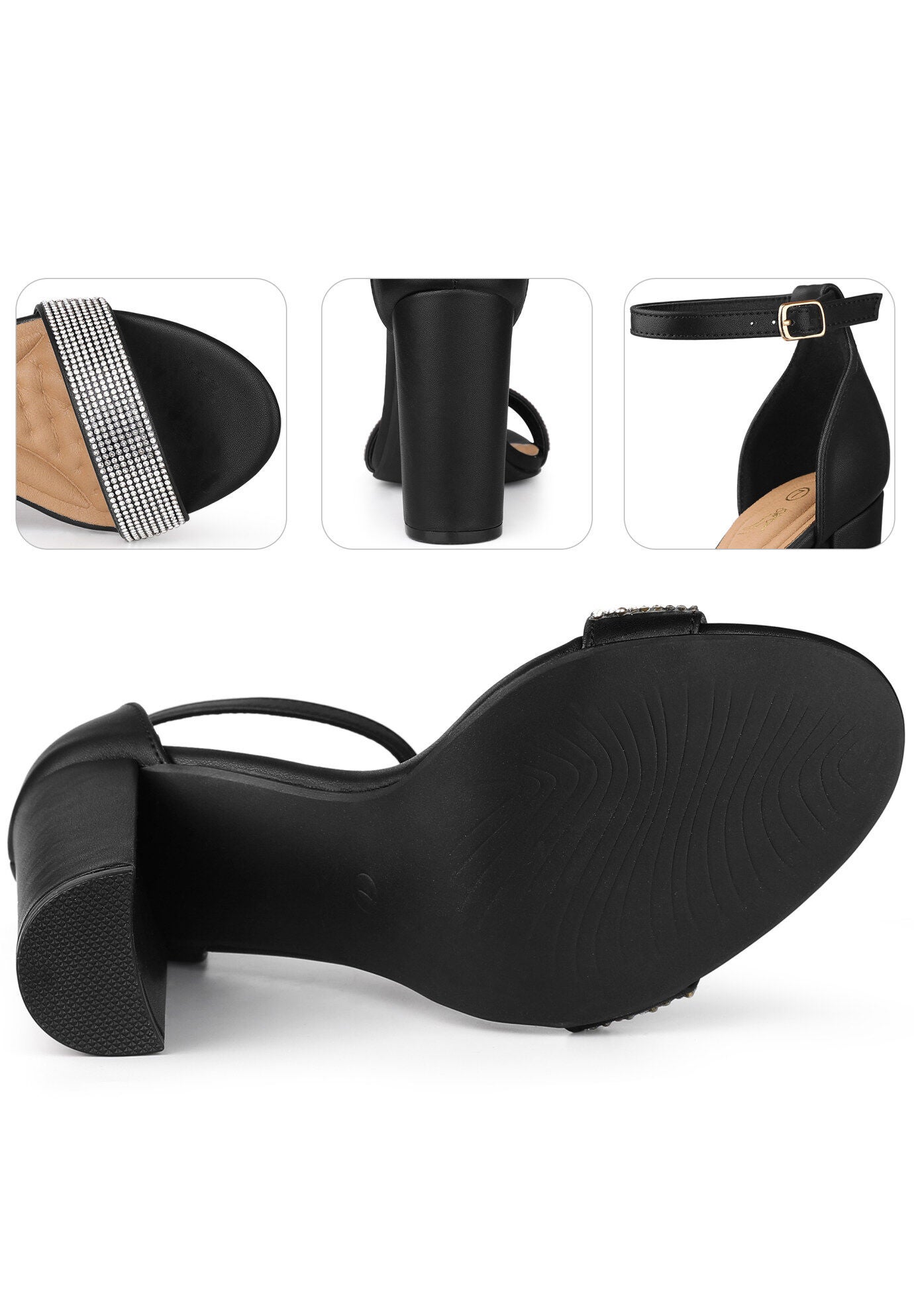 Open Toe Rhinestone Ankle Strap Chunky Heel Sandals, Black / Black, alternate image number 2