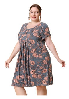 Short Sleeves Pleated Summer Beach Casual Loose Floral Dress