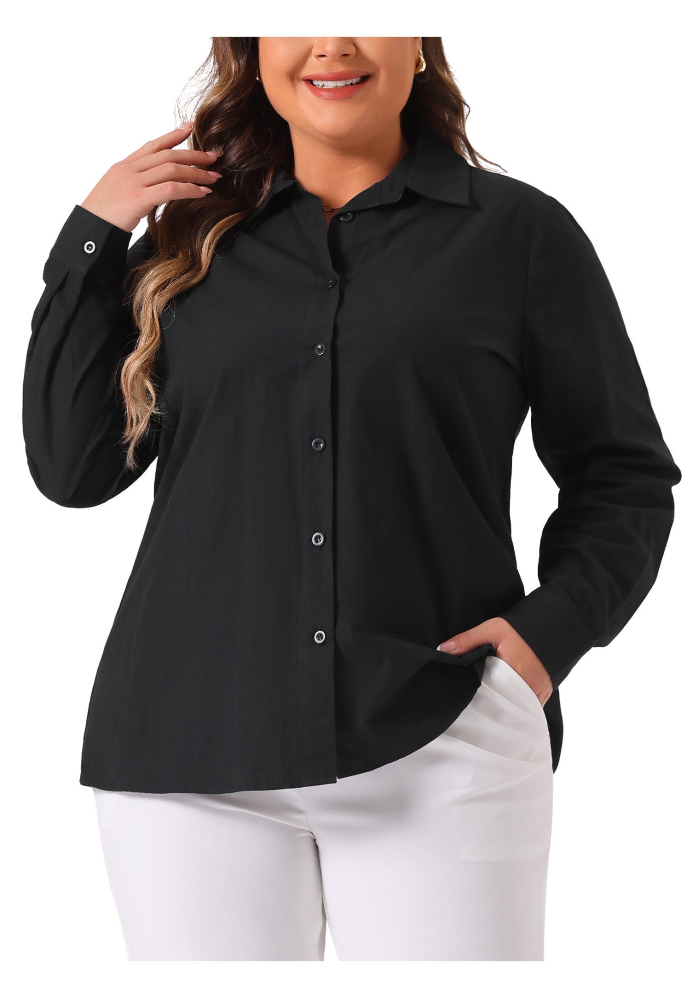 Button Down Cotton Stand Collar Long Sleeve Solid Work Shirt, Black / Black, alternate image number 2