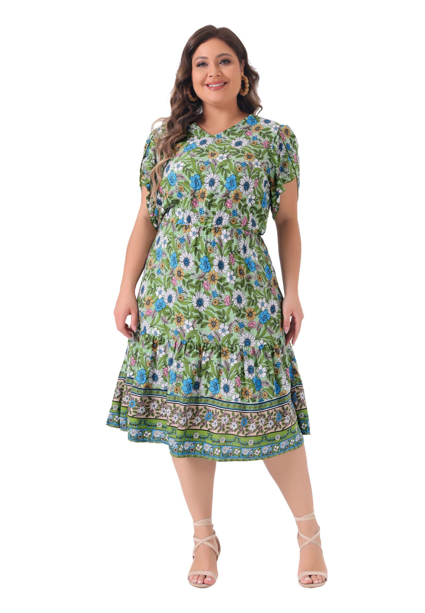 SUMMER BOHO V NECK SHORT SLEEVE FLORAL PRINT MIDI DRESS, Green / Light Green, hi-res image number 0