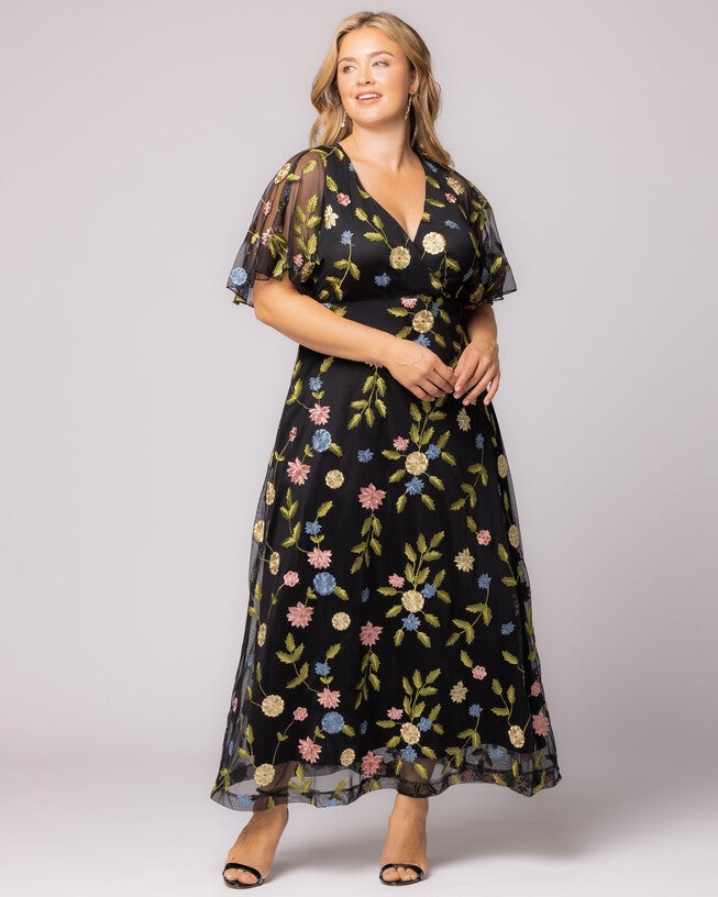 Embroidered Elegance Evening Gown, BLACK BLOSSOM PRINT / Black, alternate image number 3