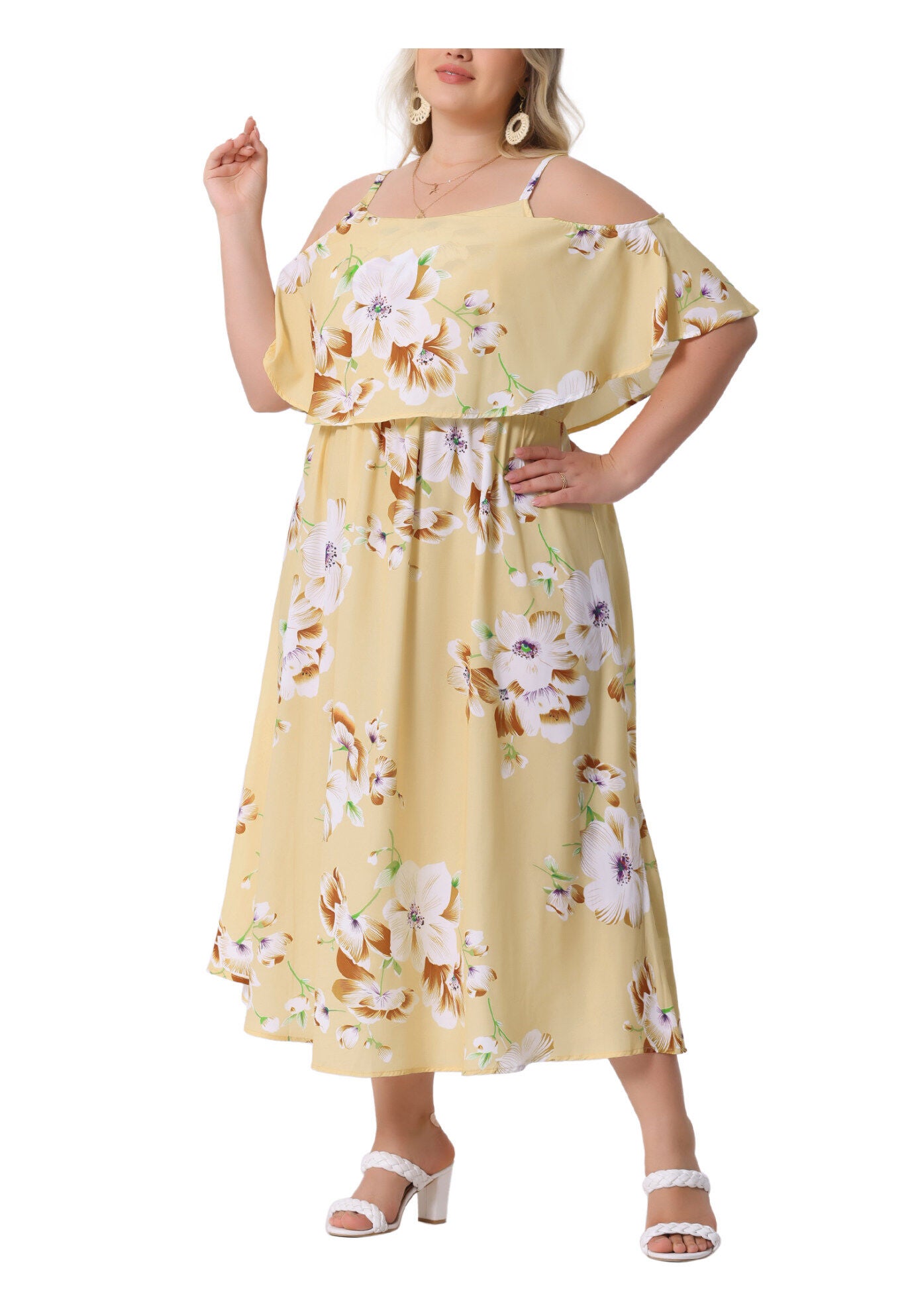 Square Neck Adjustable Strap Sundress Summer Maxi Dress, Yellow / Yellow, alternate image number 1