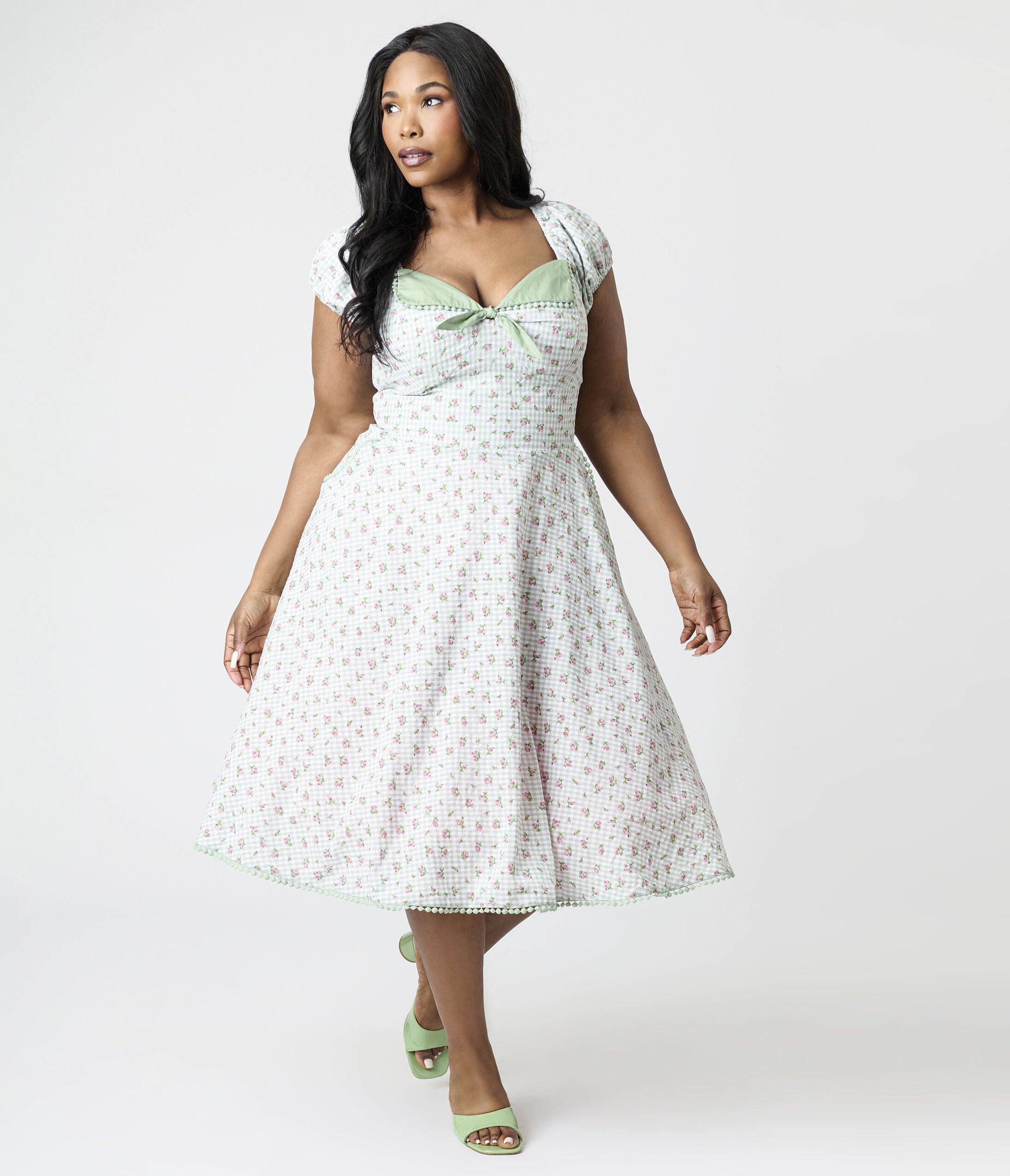 Unique Vintage Plus Size Green Floral Gingham Print Swing Dress, Kelly Green / Kelly Green, hi-res image number 0