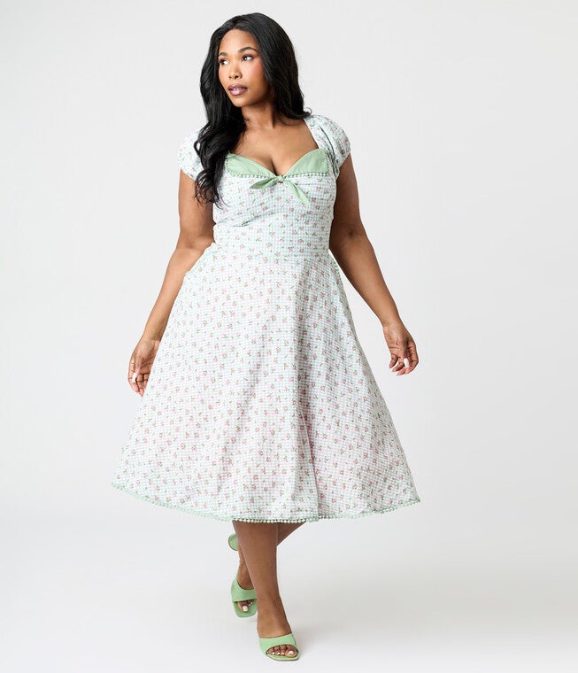 Unique Vintage Plus Size Green Floral Gingham Print Swing Dress, Kelly Green / Kelly Green, hi-res image number 0