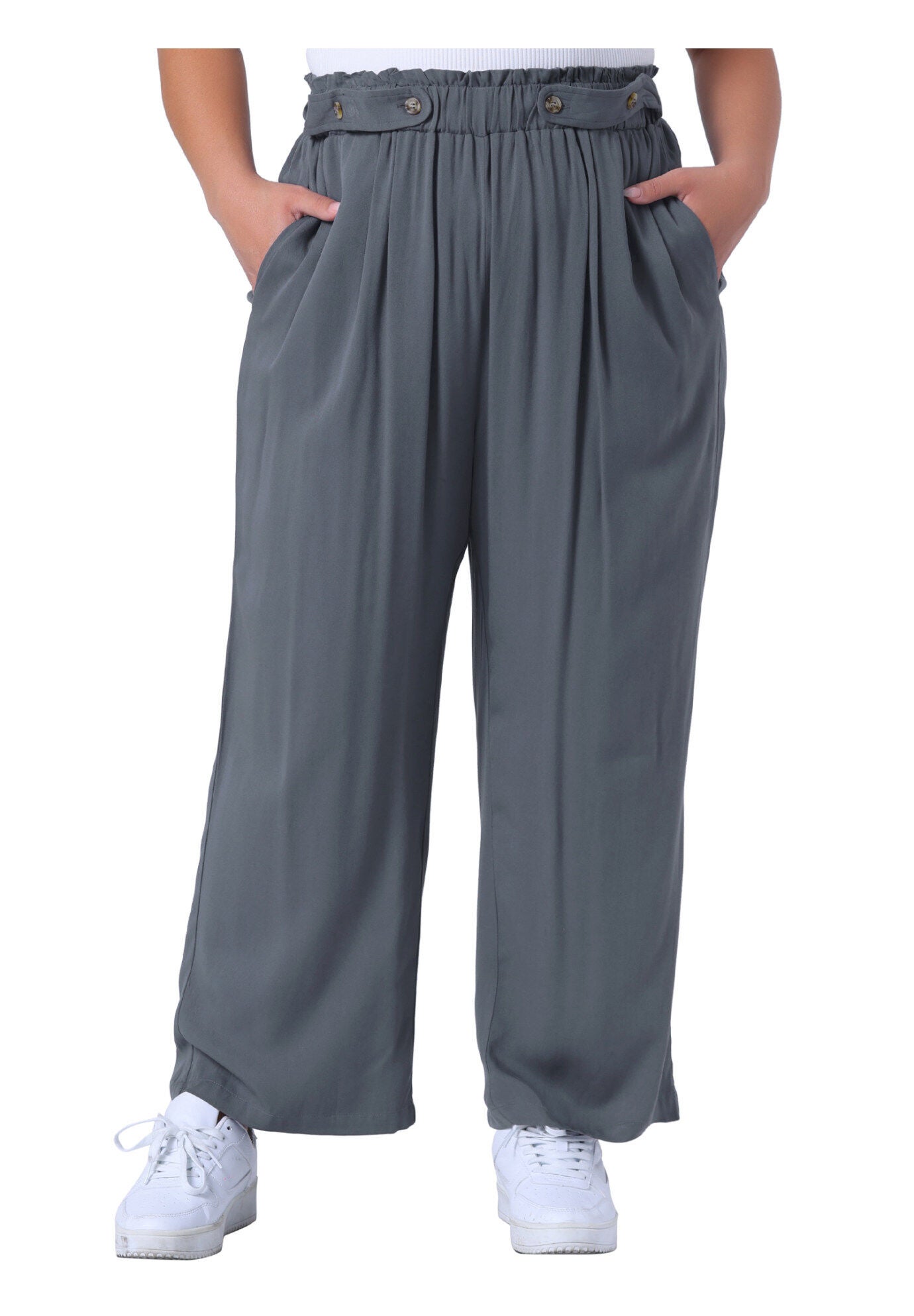 STRETCHY HIGH WAISTED WIDE LEG PALAZZO PANTS, Grey / Charcoal Grey, alternate image number 2