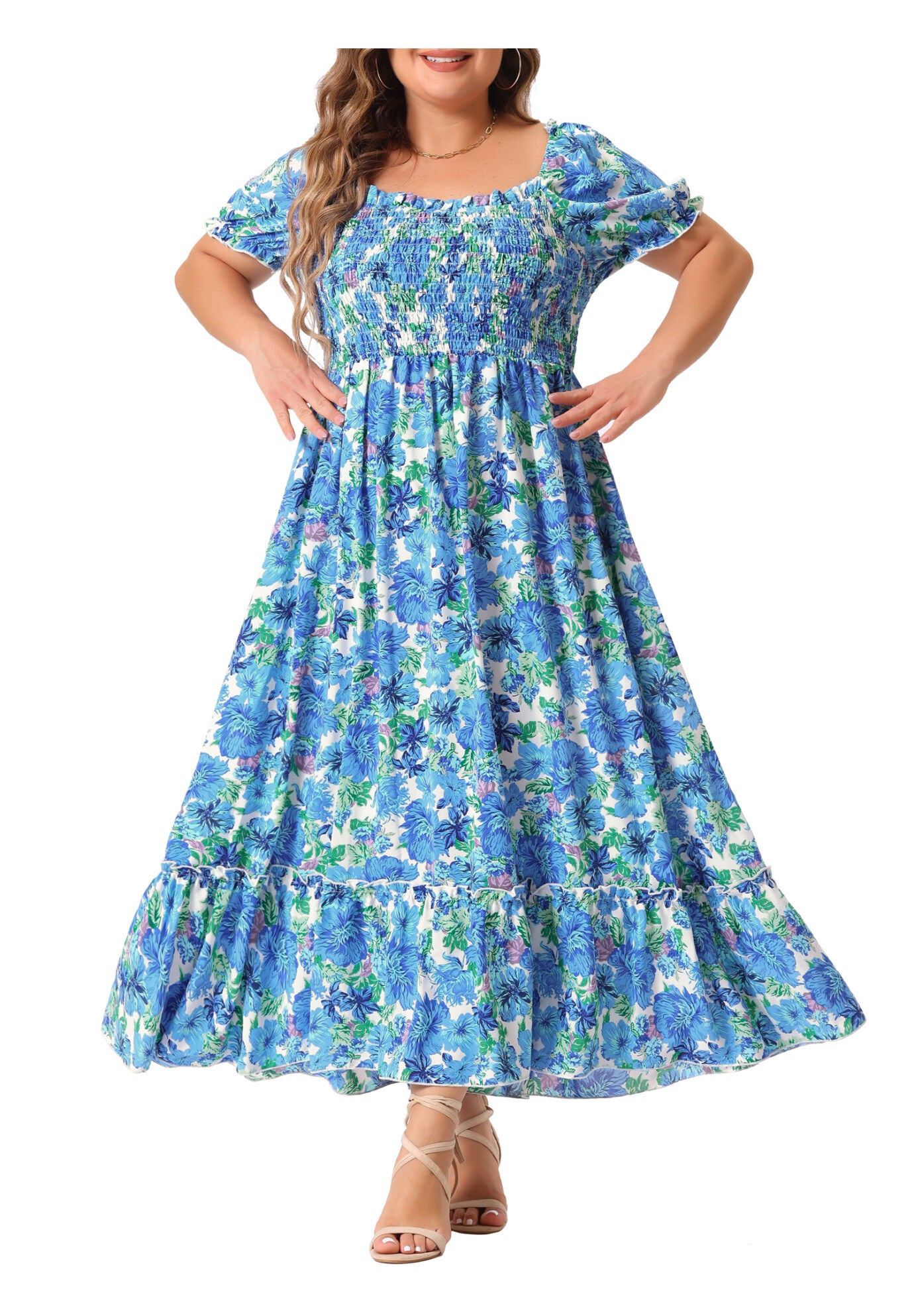 Short Sleeve Shirred Square Neck Floral Maxi Dress, Blue / Light Blue, alternate image number 2