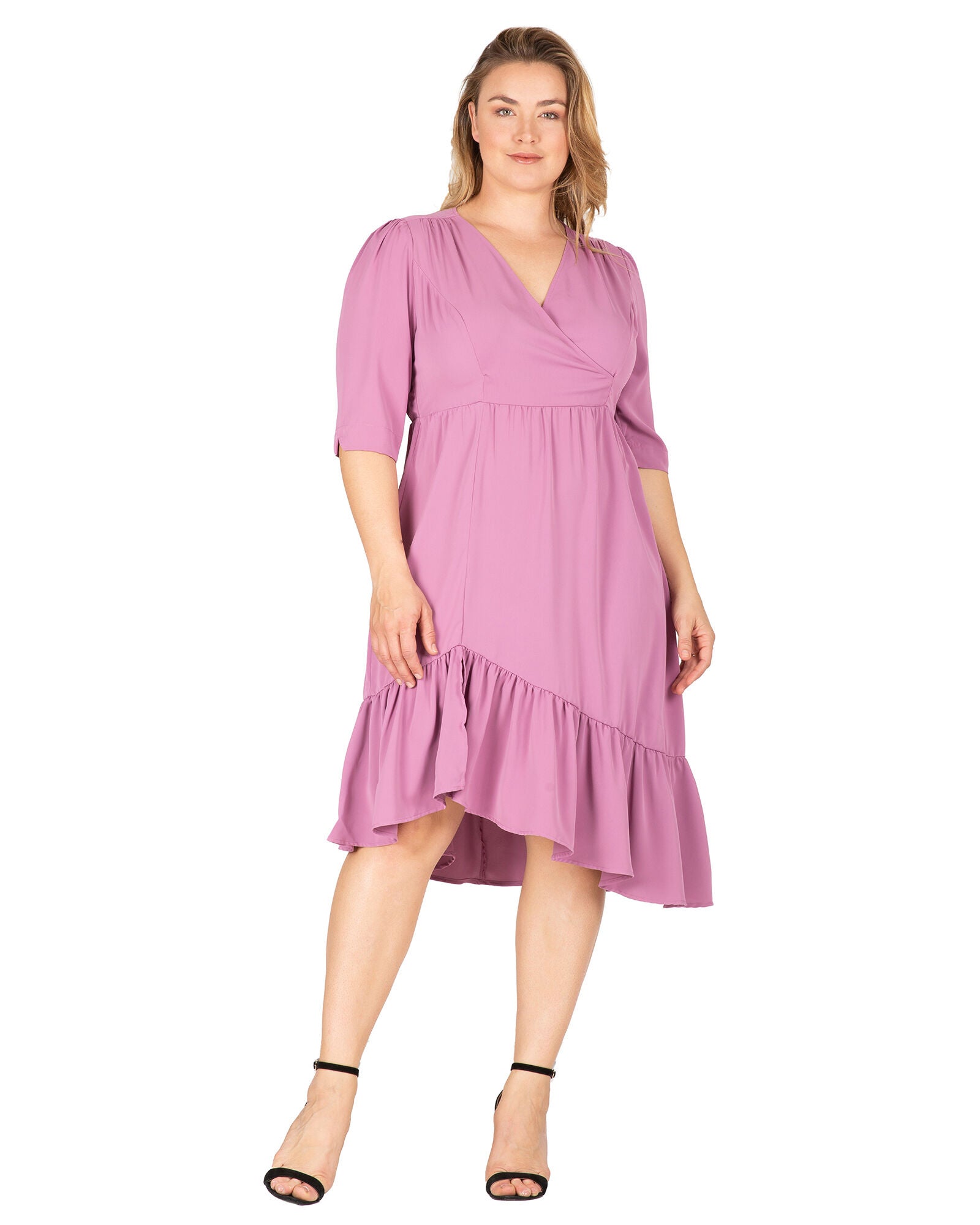 Kelsie Women&#39;s Ruched sleeve V Neck Ruffle Hem Midi Dress, Deep Mauve / Mauve, hi-res image number 0