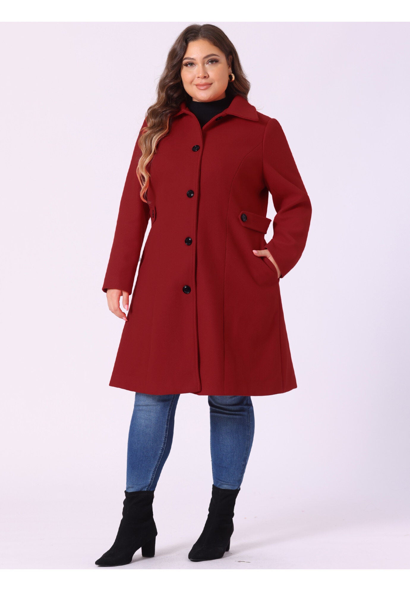 SINGLE BREASTED BELTED WINTER LONG COAT, Dark Red / Red, hi-res image number 0