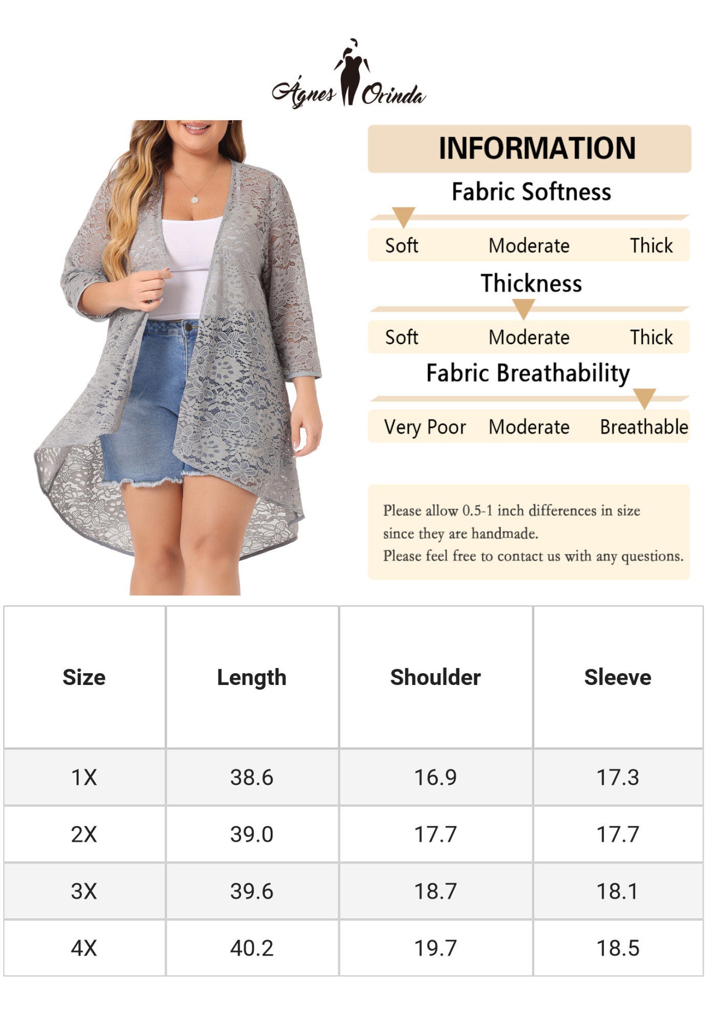 LIGHTWEIGHT 3/4 SLEEVE OPEN FRONT CROCHET LACE COVER UP, Gray / Light Grey, alternate image number 4