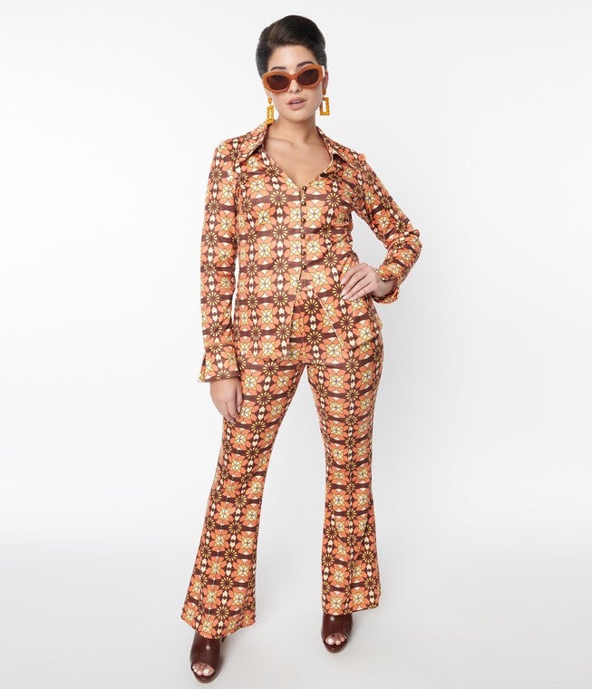 Unique Vintage Orange & Brown Mosaic Flare Pants, Orange Brown / Orange, alternate image number 1