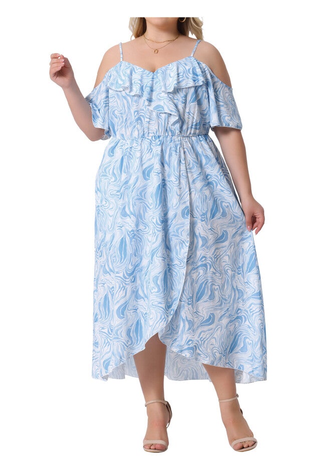 Floral Cold Shoulder Short Sleeve Asymmetrical Ruffle Maxi Dress with Pocket, Light Blue / Light Blue, alternate image number 1