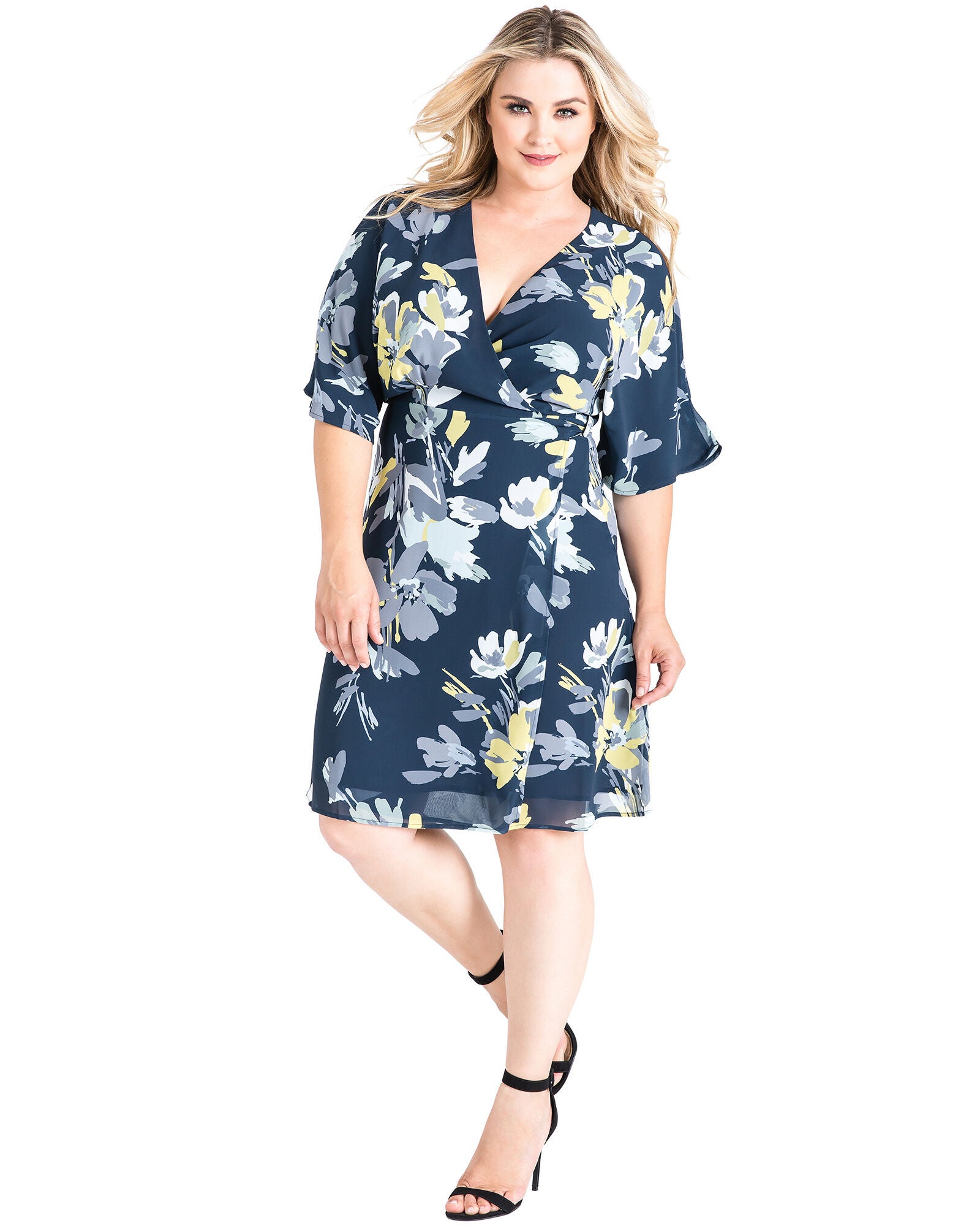 Plus Size Candice V-Neck Kimono Wrap Midi Dress, NAVYPETALS / Navy, alternate image number 3