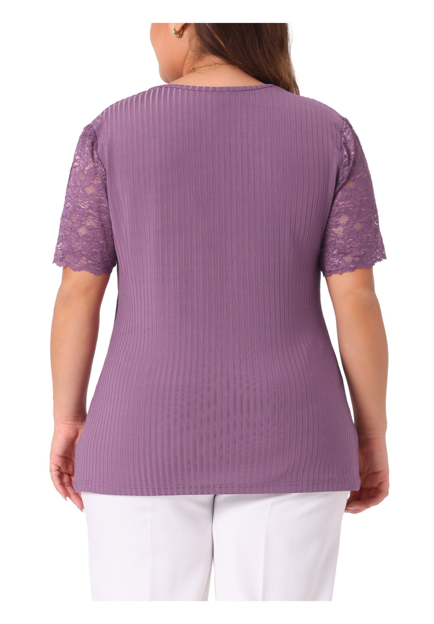V Neck Short Sleeve Lace Ribbed Knit Tunic Top, Purple / Purple, alternate image number 3