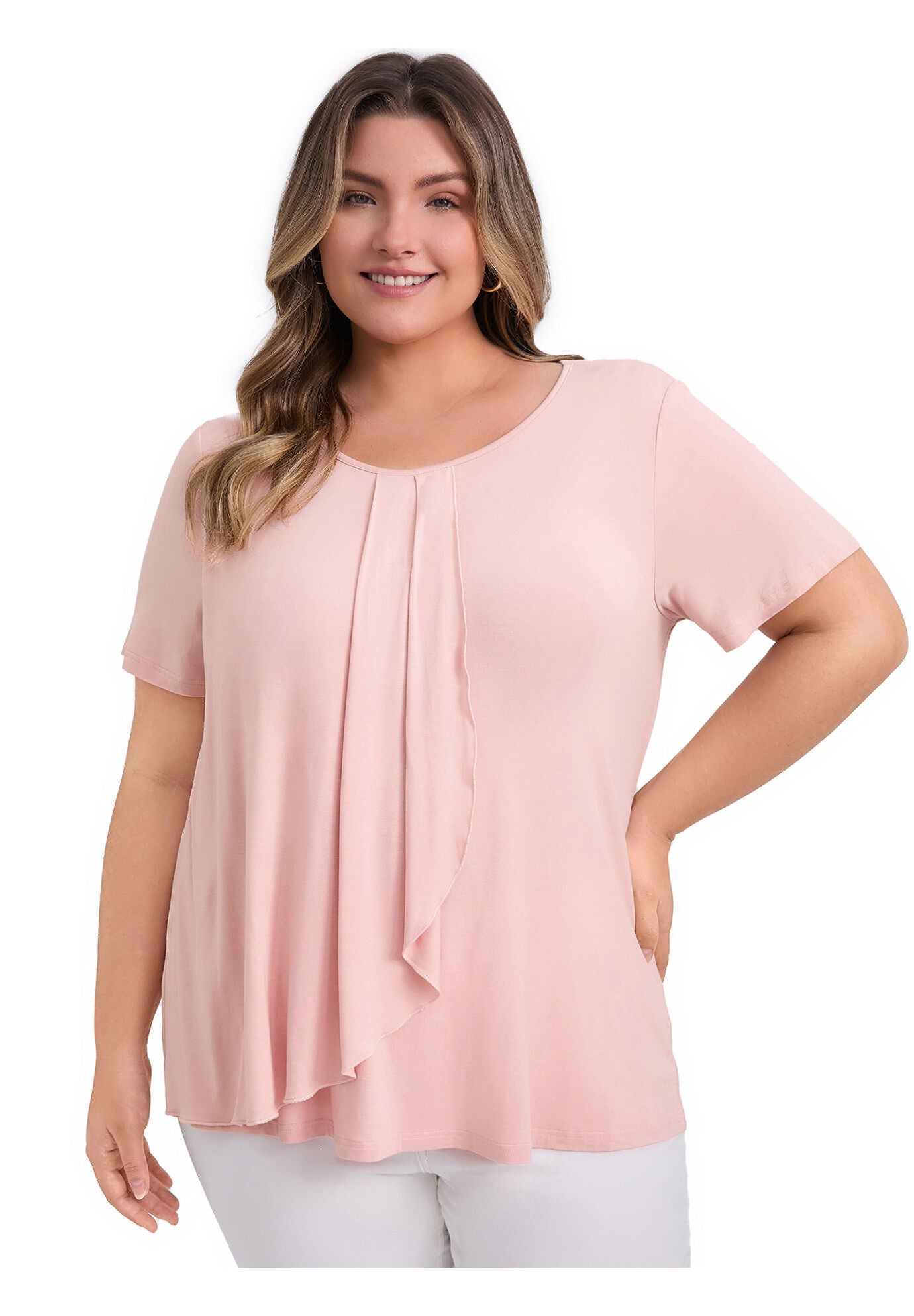 Short Sleeve Pleated Tulip Asymmetry Hem Overlaid Ruffle  Top, Pink / Pink, hi-res image number 0