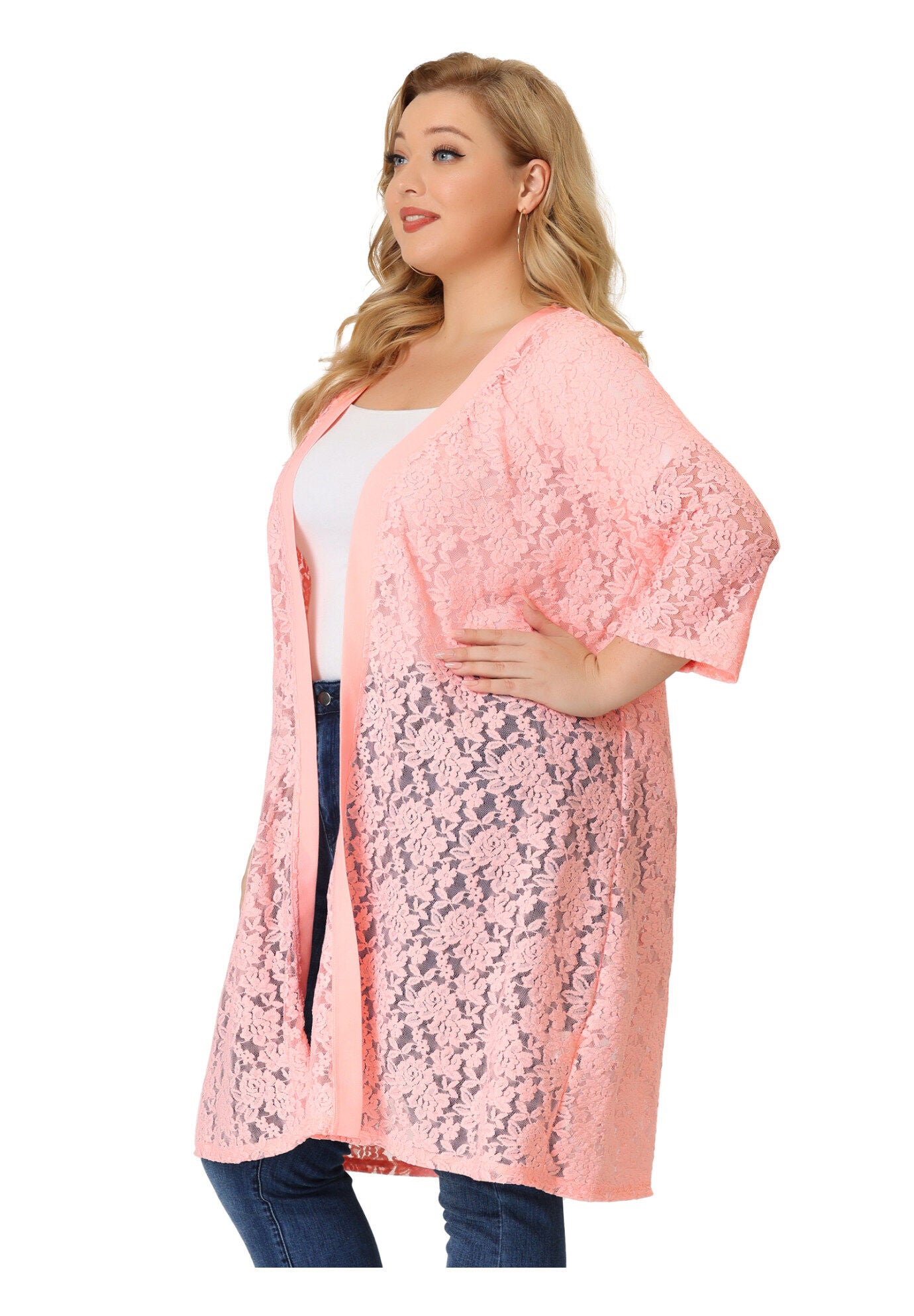 LACE CROCHET 3/4 SLEEVE COVER UP CARDIGAN, Pink / Pink, alternate image number 3