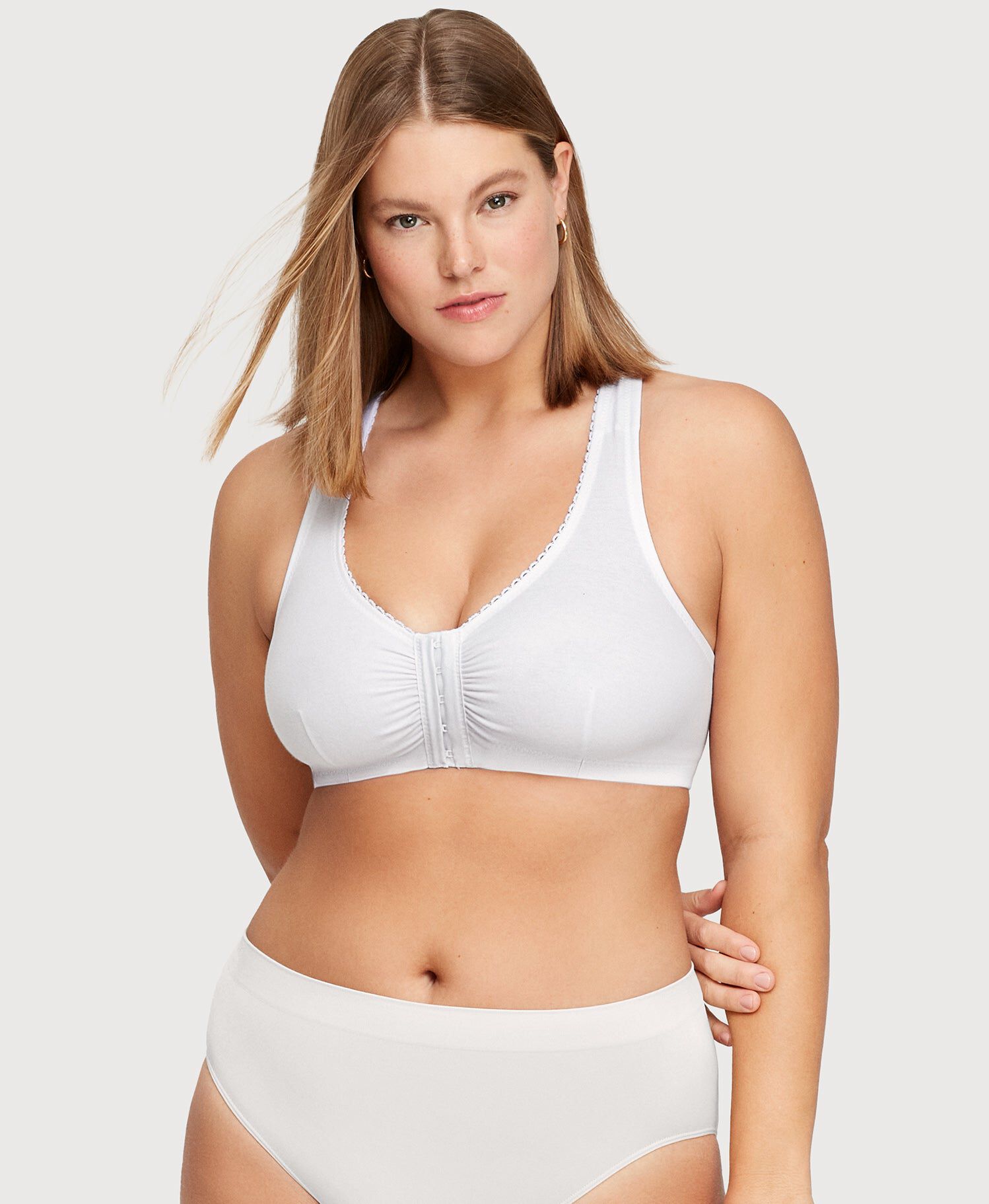 Front-Closure Cotton T-Back Comfort Bra, White / White, hi-res image number 0