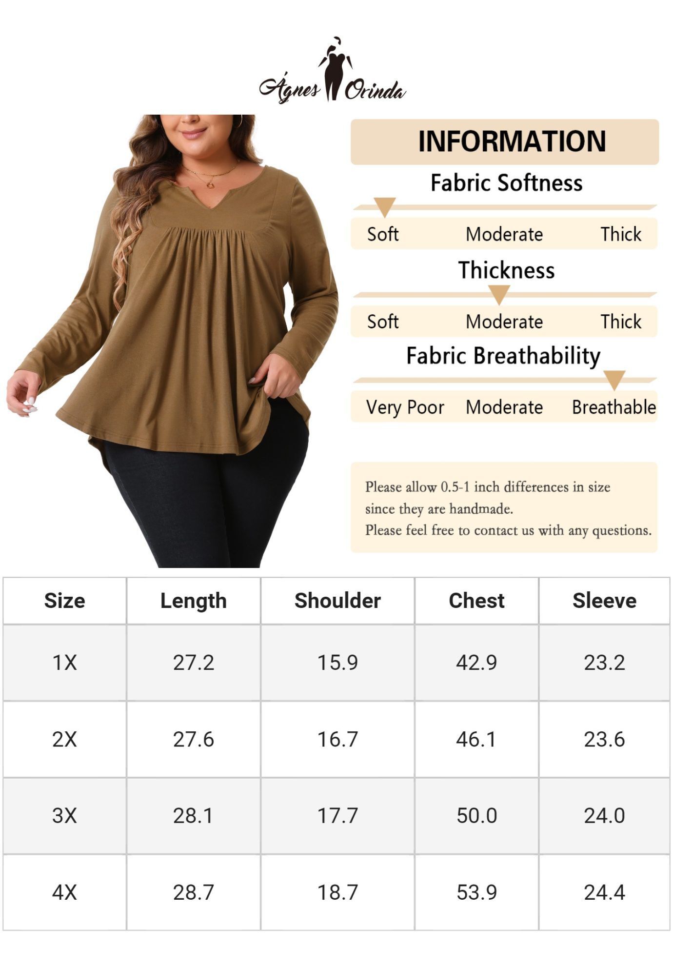 Notched Neck Long Sleeve Front Pleated Blouse, Brown / Brown, alternate image number 4