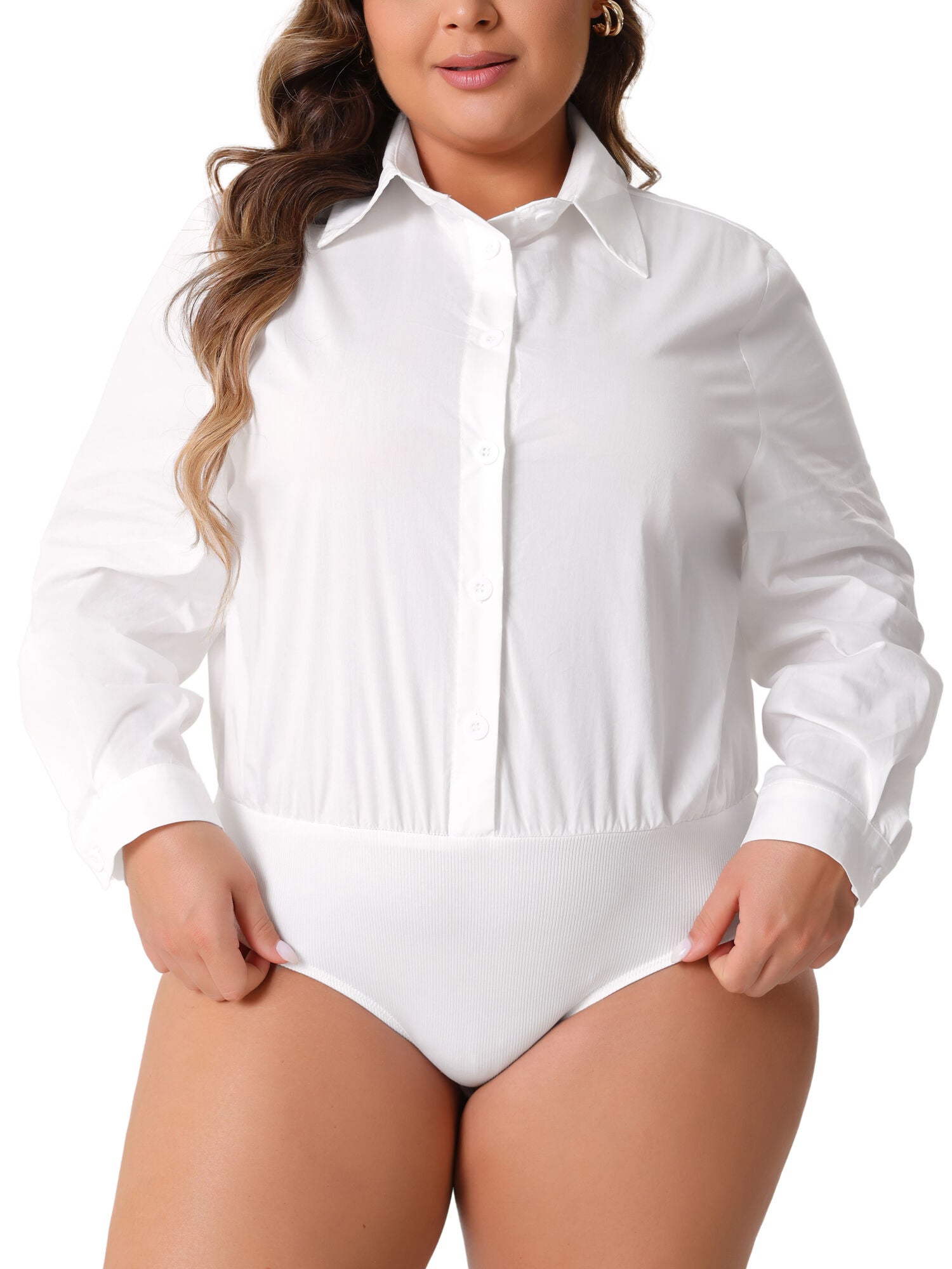 Button Down Long Sleeve Bodysuit Shit Top, White / White, alternate image number 1