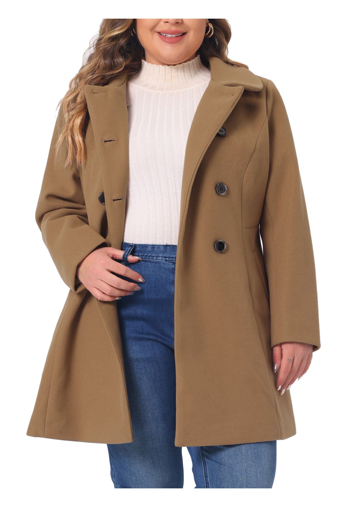 Peter Pan Collar Double Breasted Coat with Pockets, Camel / Brown, alternate image number 2