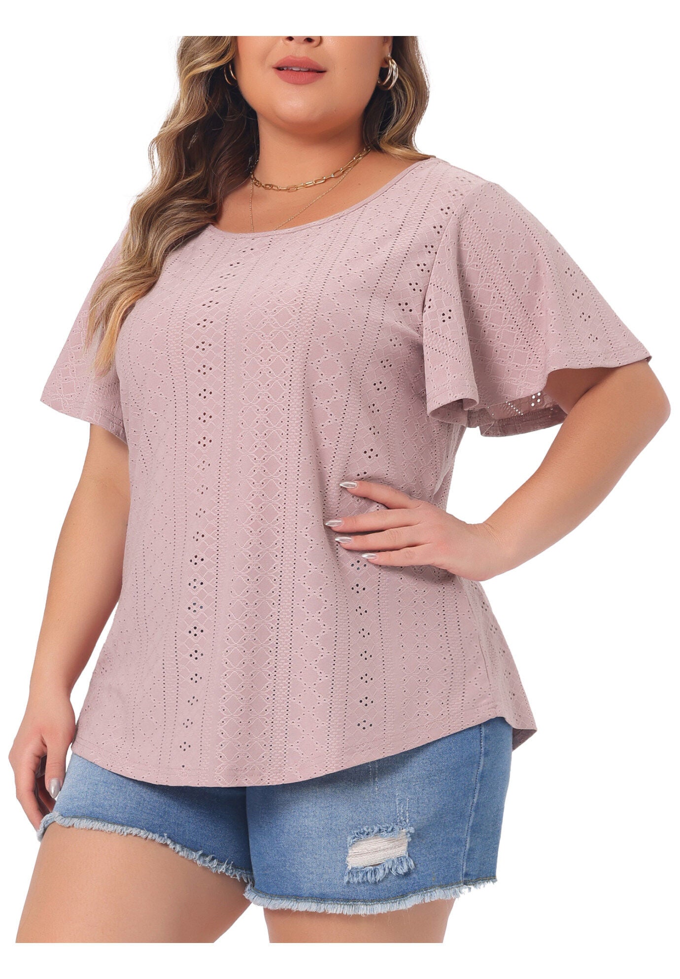 V NECK LOOSE FIT RUFFLE SLEEVE SUMMER HOLLOW TOP, Pink / Pink, alternate image number 1
