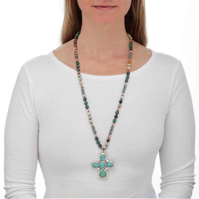 Genuine Jasper, Amazonite and Freshwater Pearl Silvertone Cross Necklace 32 Inch, TurquoiseAqua / Turquoise, alternate image number 2