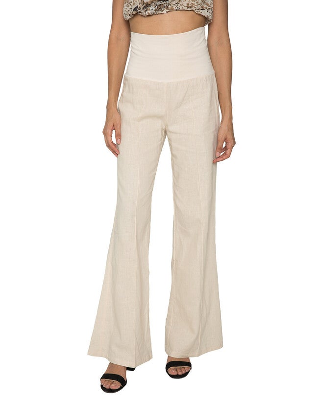 S & P Women's Linen-Cotton Wide Leg Yoga Pants With Fold-over Elastic Waist, Tan / Tan, hi-res image number 0