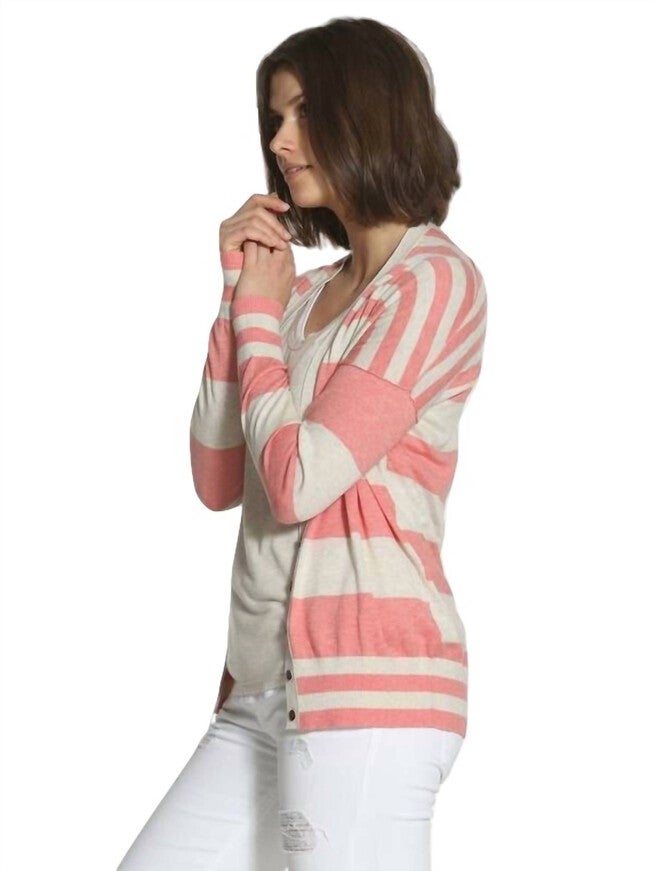 STRIPED COTTON CARDIGAN IN CORAL/ECRU, , alternate image number null