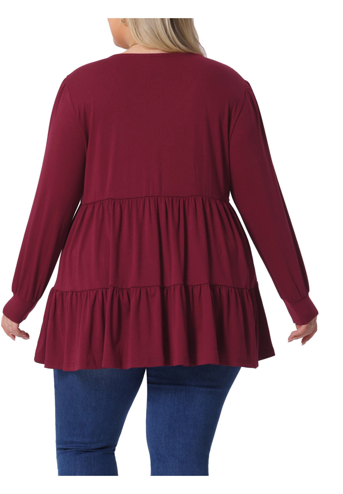 V Neck Long&nbsp;Sleeve&nbsp;Button Up Peplum Tunic Babydoll Top, Burgundy / Burgundy, alternate image number 3