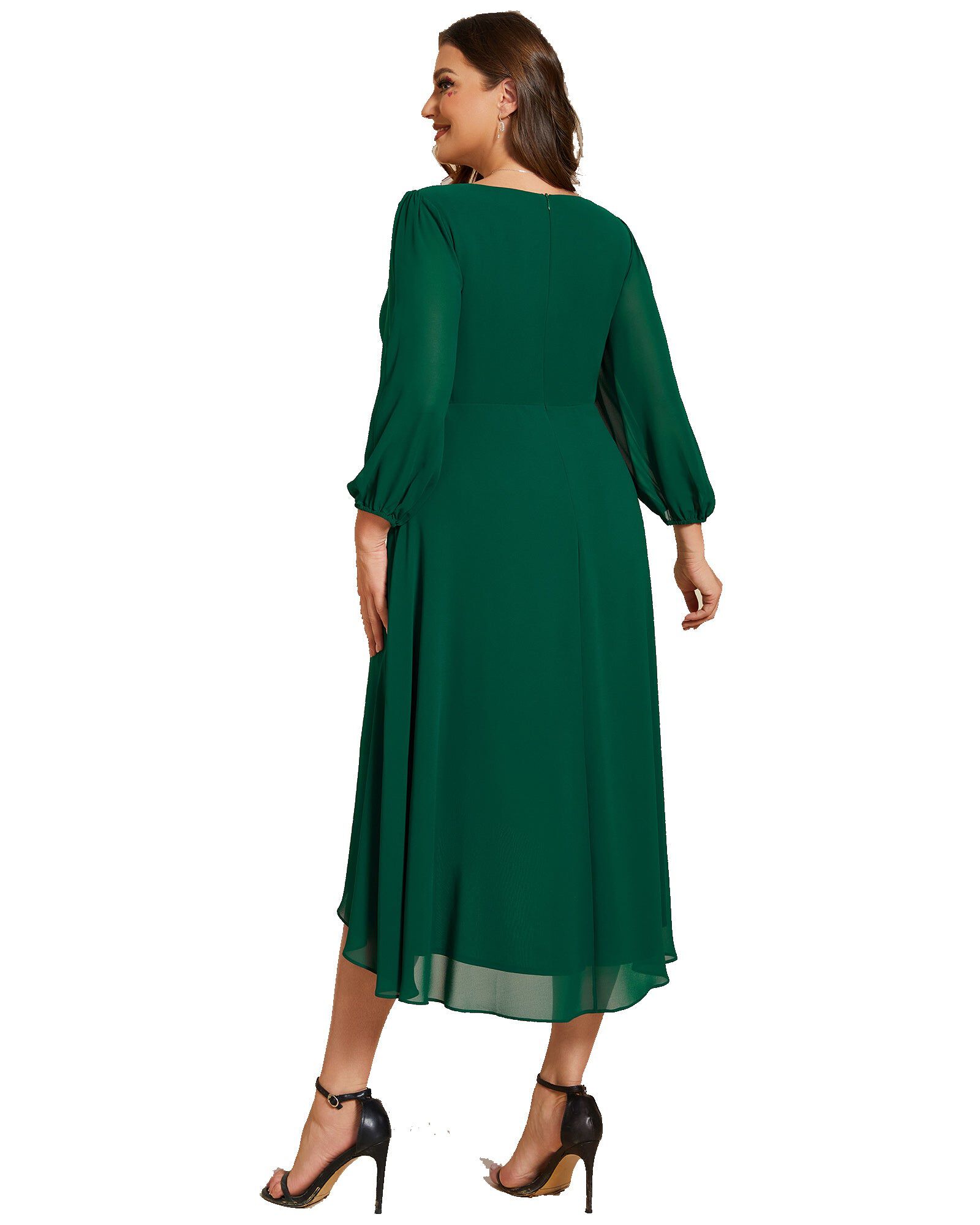 Long Sleeves Asymmetrical Hem A-Line Midi Wedding Guest Dress, Dark Green / Forest Green, alternate image number 1