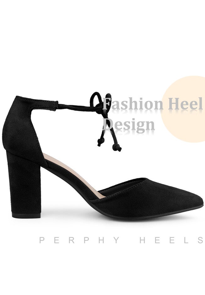 Ankle Tie Pointed Toe Chunky Heels Pumps, Black / Black, alternate image number 2