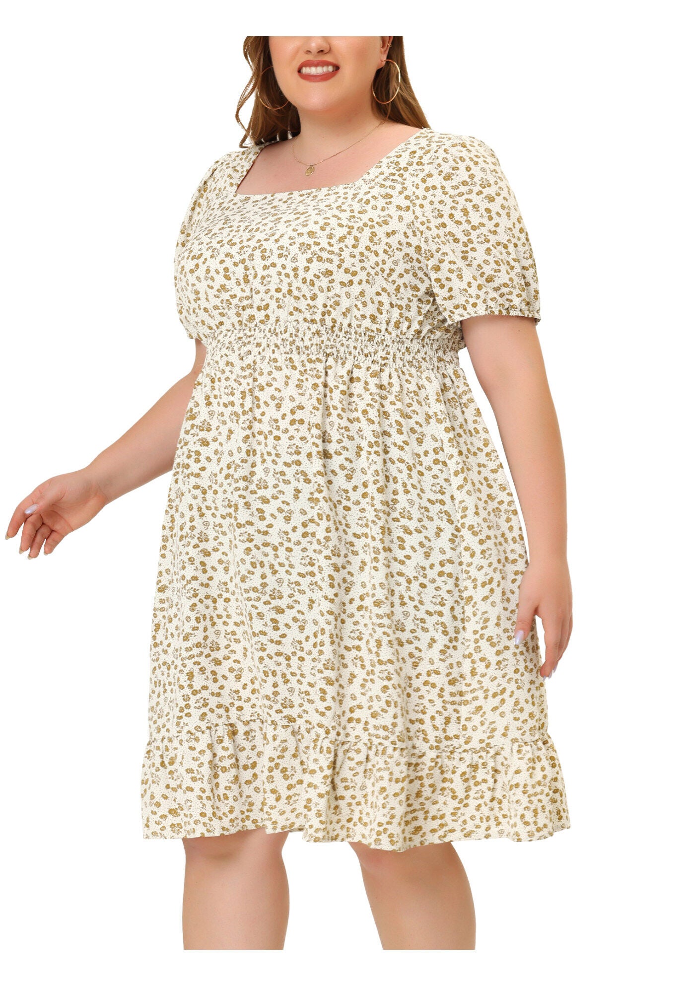 SHORT SLEEVE SQUARE NECK ELASTIC WAIST FLORAL DRESS, Apricot / Cream, alternate image number 2