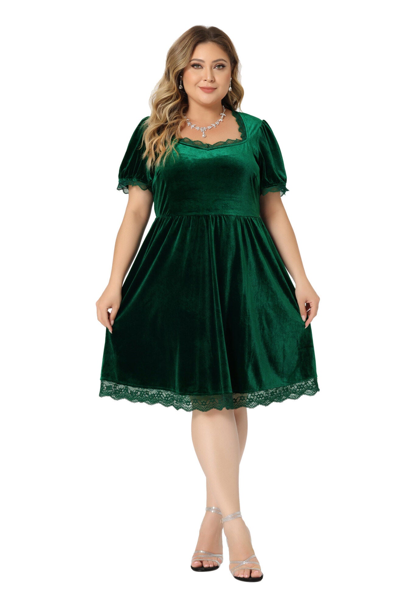 VELVET LACE TRIM SHORT SLEEVE DRESS, Green / Hunter Green, hi-res image number 0