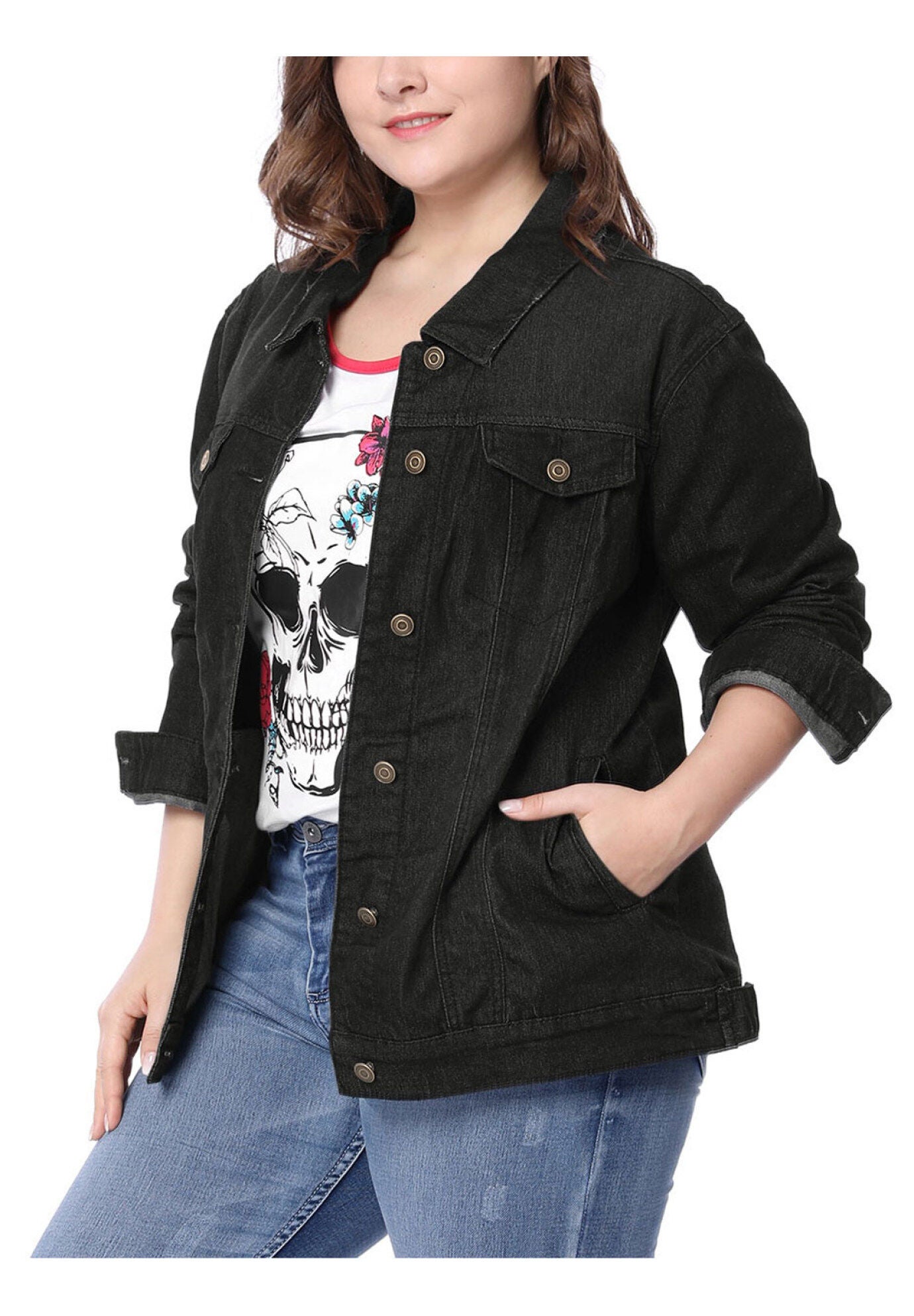 STITCHING BUTTON FRONT WASHED DENIM JACKET, Black / Black, alternate image number 2