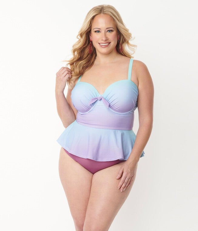 Unique Vintage Blue & Purple Ombre Peplum Solana Tankini Swim Top, Blue Purple / Light Blue, alternate image number null