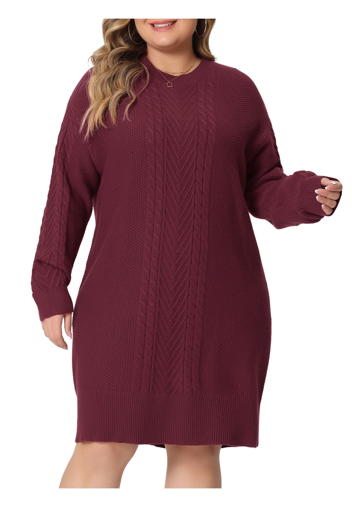 CREWNECK LONG SLEEVE KNIT TUNIC PULLOVER SHORT SWEATER DRESS, Burgundy / Red, alternate image number 2