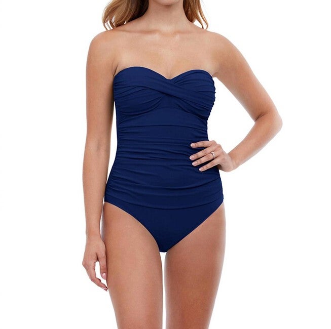 SHIRRED FRONT BANDEAU STRAPLESS ONE PIECE SWIMSUIT, Tutti Frutti Navy / Azure Blue, hi-res image number 0